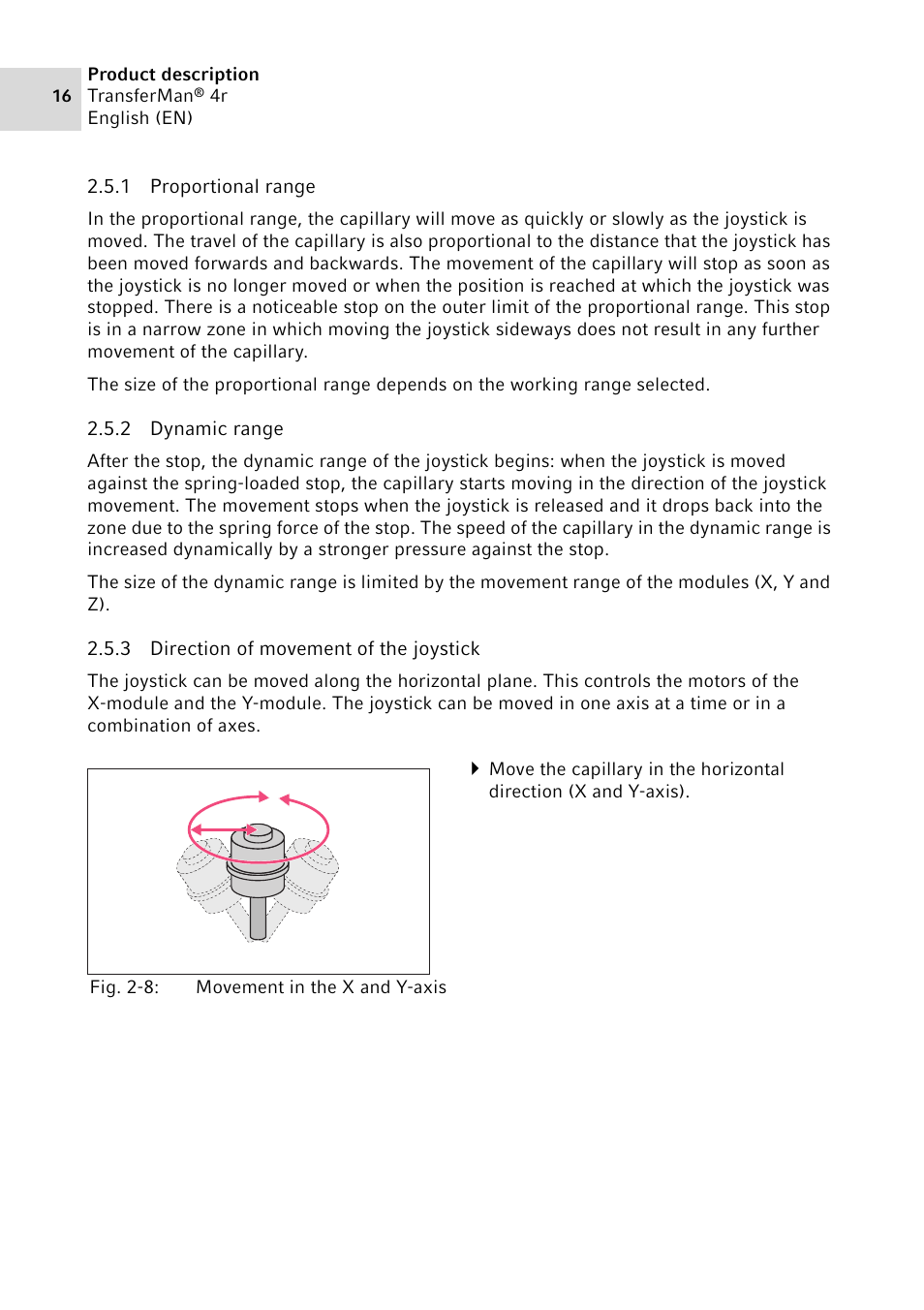 1 proportional range, 2 dynamic range, 3 direction of movement of the joystick | Proportional range, Dynamic range, Direction of movement of the joystick | Eppendorf TransferMan4 r User Manual | Page 16 / 102