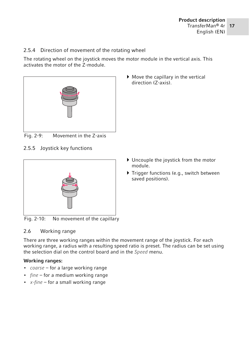 4 direction of movement of the rotating wheel, 5 joystick key functions, 6 working range | Direction of movement of the rotating wheel, Joystick key functions, Working range | Eppendorf TransferMan4 r User Manual | Page 17 / 102