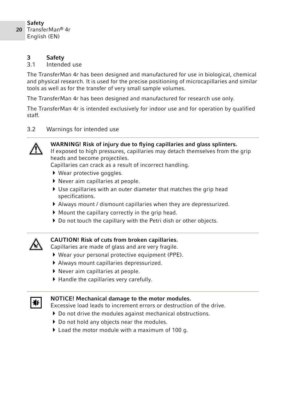 3 safety, 1 intended use, 2 warnings for intended use | Safety 3.1, Intended use, Warnings for intended use | Eppendorf TransferMan4 r User Manual | Page 20 / 102