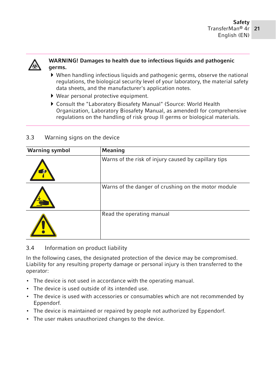 3 warning signs on the device, 4 information on product liability, Warning signs on the device | Information on product liability | Eppendorf TransferMan4 r User Manual | Page 21 / 102