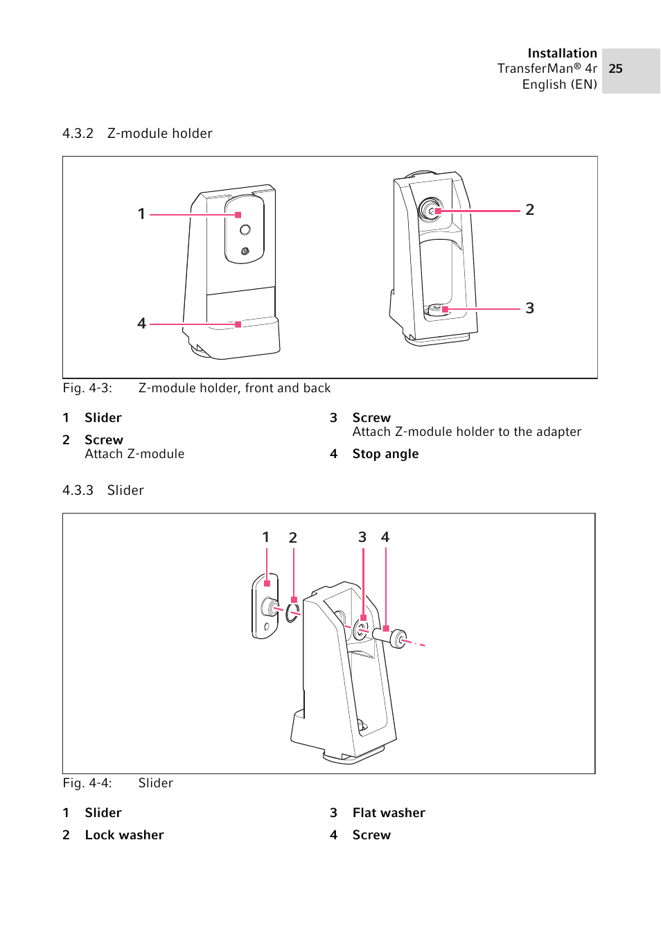 2 z-module holder, 3 slider, Z-module holder | Slider | Eppendorf TransferMan4 r User Manual | Page 25 / 102