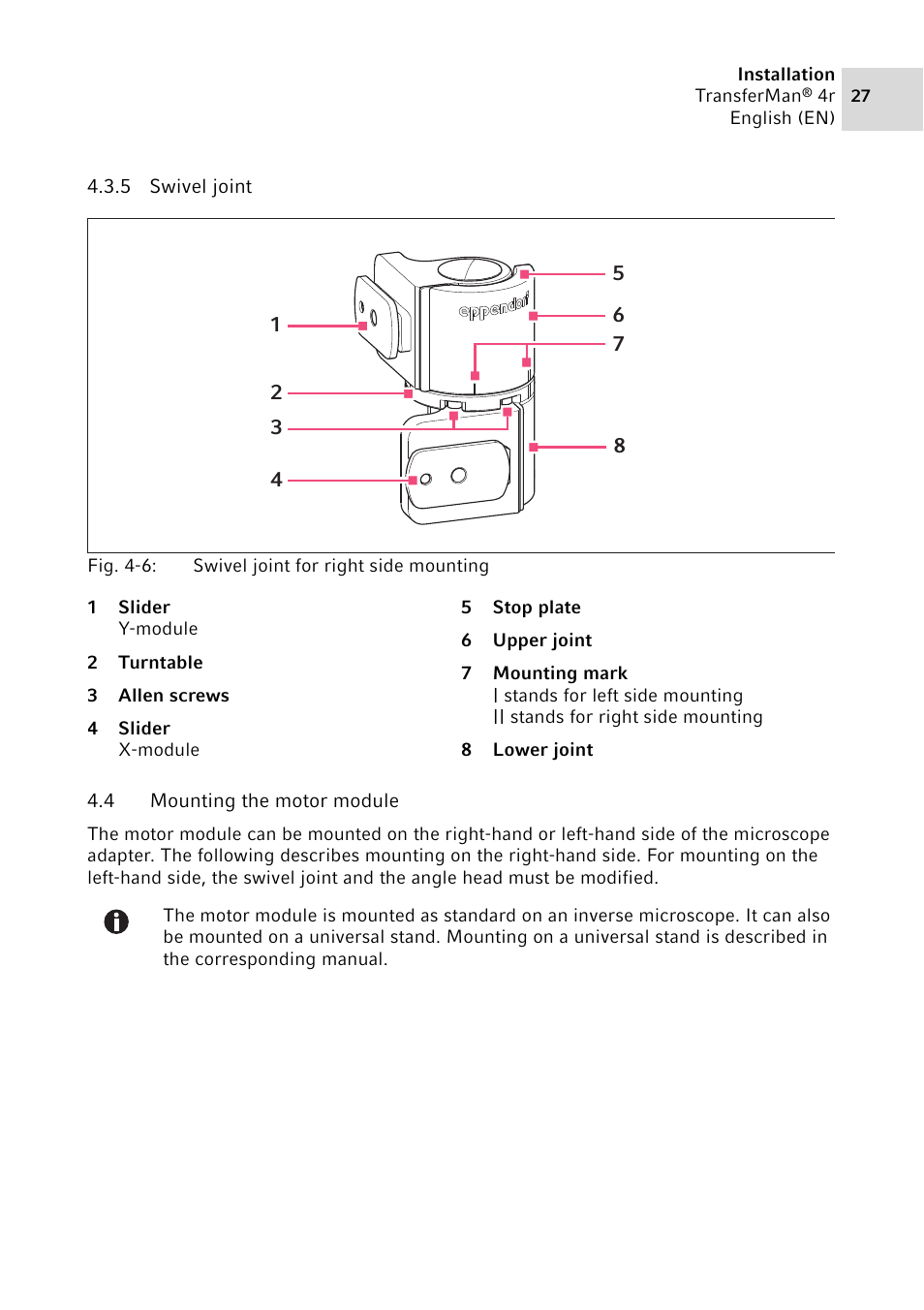 5 swivel joint, 4 mounting the motor module, Swivel joint | Mounting the motor module | Eppendorf TransferMan4 r User Manual | Page 27 / 102