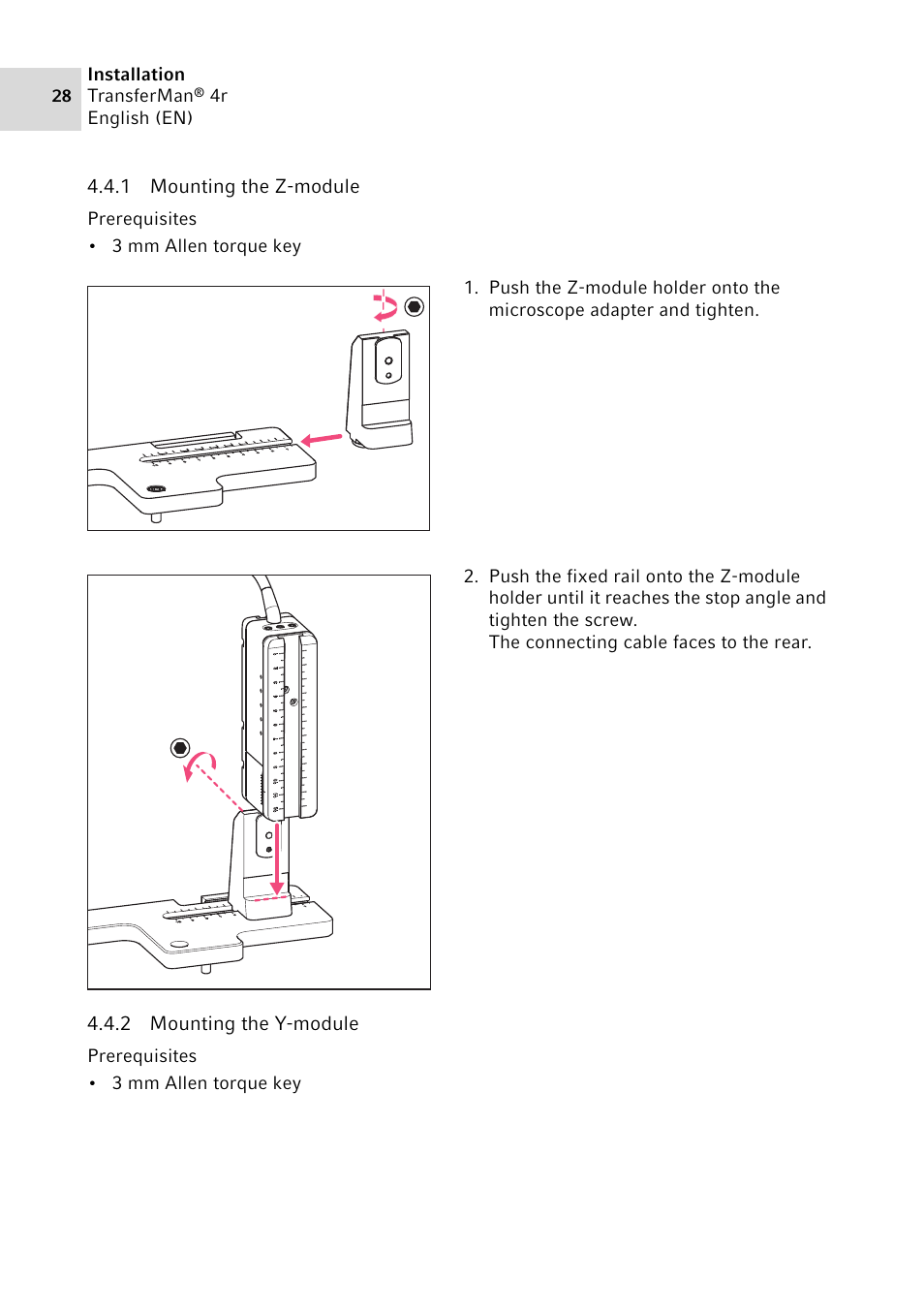 1 mounting the z-module, 2 mounting the y-module, Mounting the z-module | Mounting the y-module | Eppendorf TransferMan4 r User Manual | Page 28 / 102