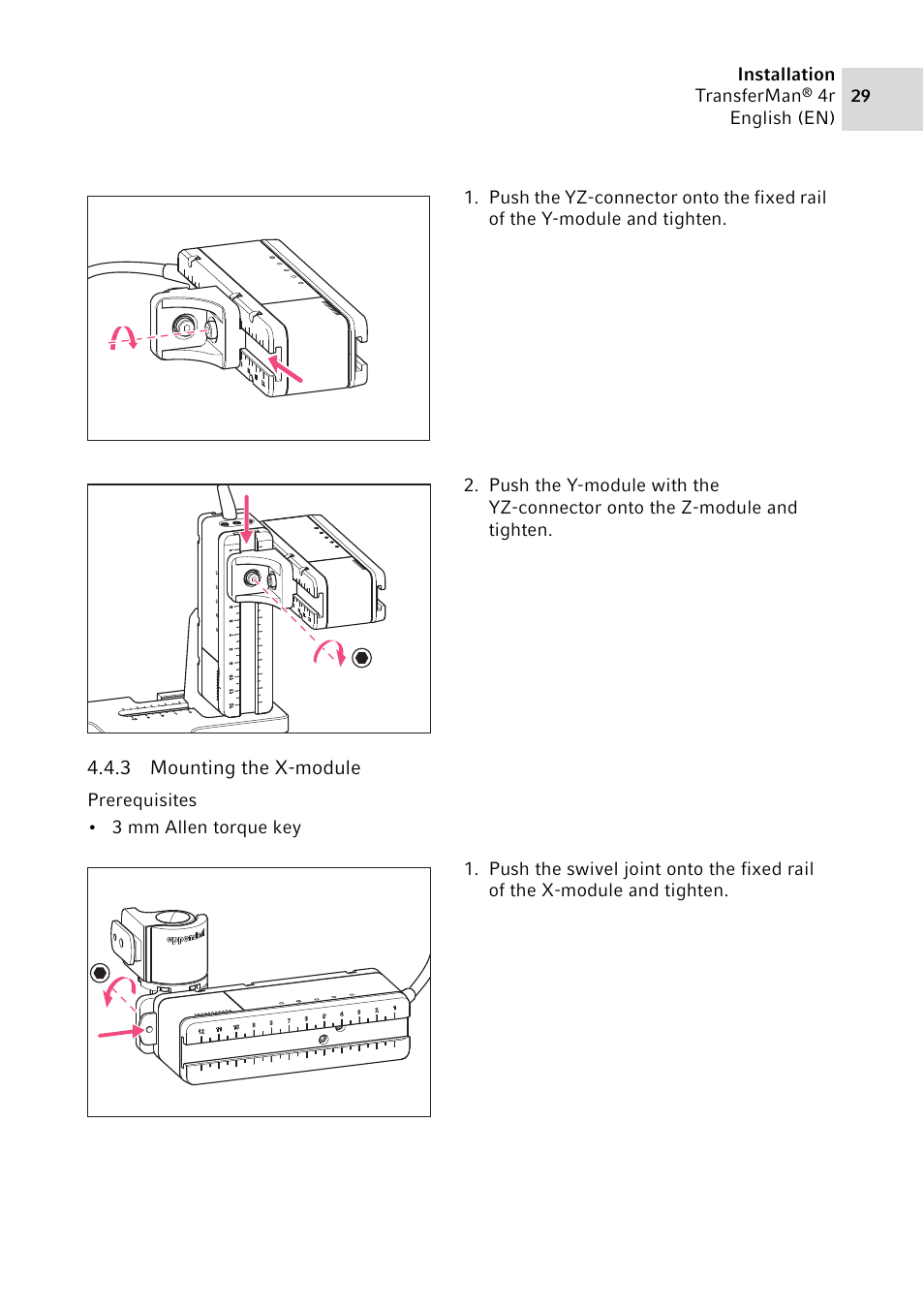 3 mounting the x-module, Mounting the x-module | Eppendorf TransferMan4 r User Manual | Page 29 / 102