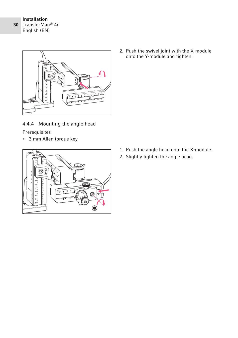 4 mounting the angle head, Mounting the angle head | Eppendorf TransferMan4 r User Manual | Page 30 / 102