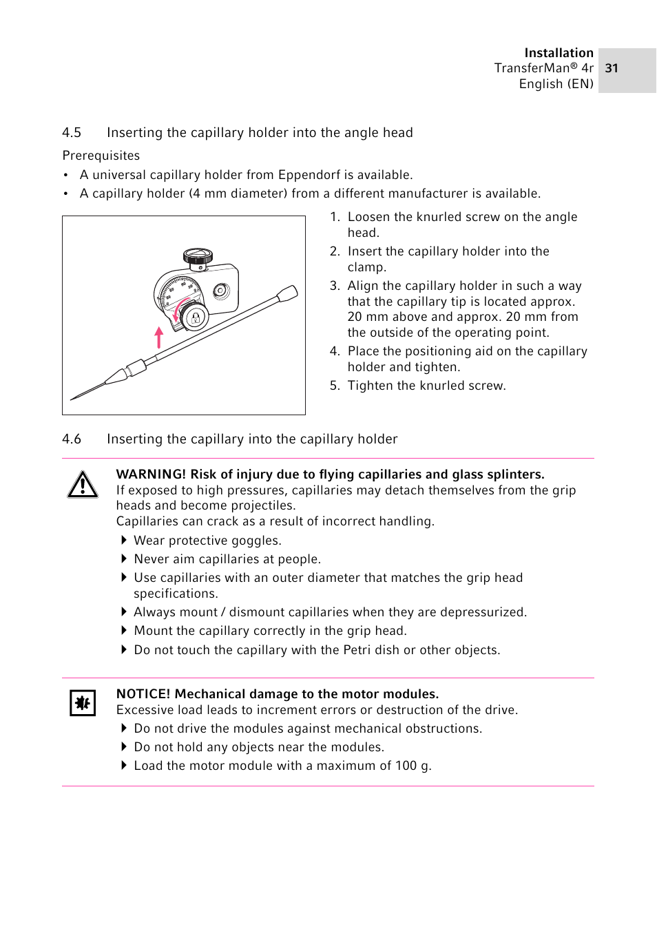 Inserting the capillary holder into the angle head, Inserting the capillary into the capillary holder | Eppendorf TransferMan4 r User Manual | Page 31 / 102