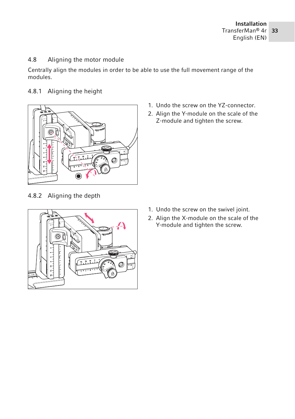 8 aligning the motor module, 1 aligning the height, 2 aligning the depth | Aligning the motor module 4.8.1, Aligning the height, Aligning the depth | Eppendorf TransferMan4 r User Manual | Page 33 / 102