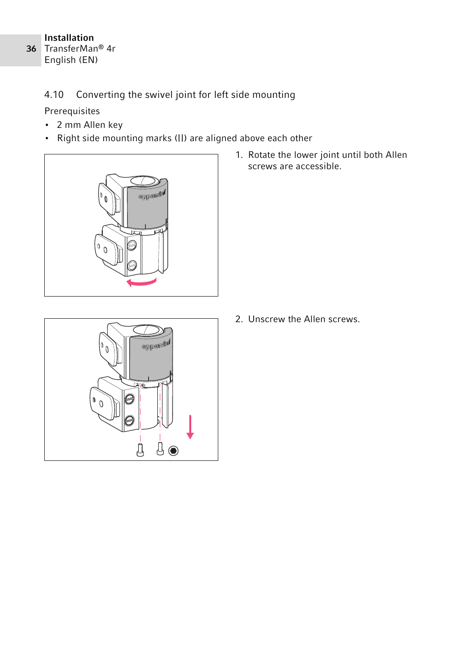 Converting the swivel joint for left side mounting | Eppendorf TransferMan4 r User Manual | Page 36 / 102