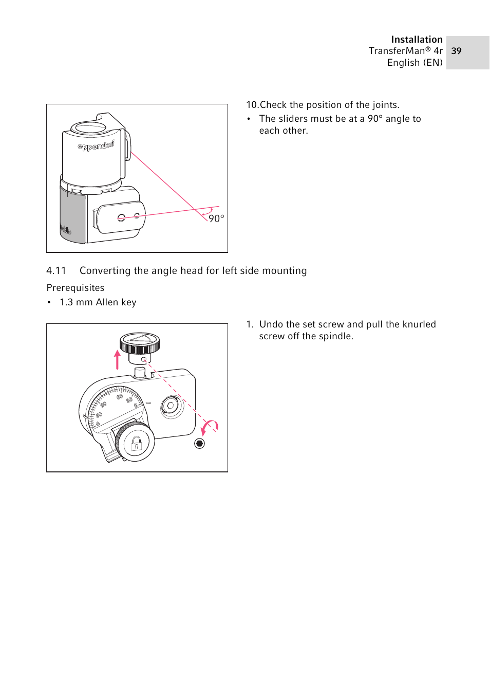 Converting the angle head for left side mounting | Eppendorf TransferMan4 r User Manual | Page 39 / 102