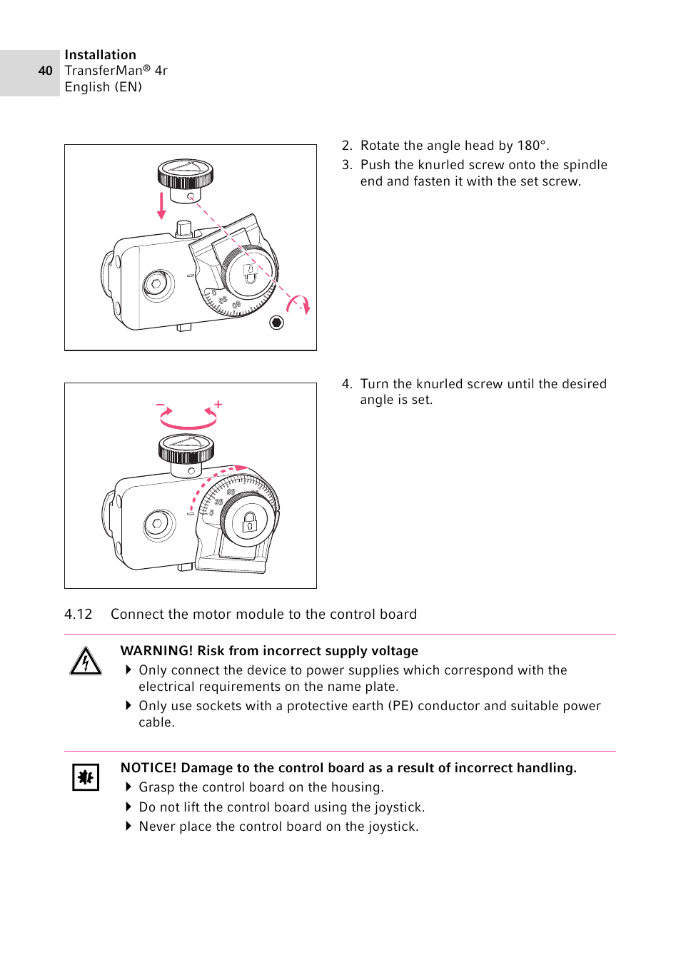 12 connect the motor module to the control board, Connect the motor module to the control board | Eppendorf TransferMan4 r User Manual | Page 40 / 102