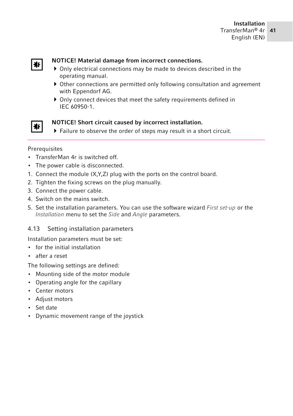 13 setting installation parameters, Setting installation parameters | Eppendorf TransferMan4 r User Manual | Page 41 / 102