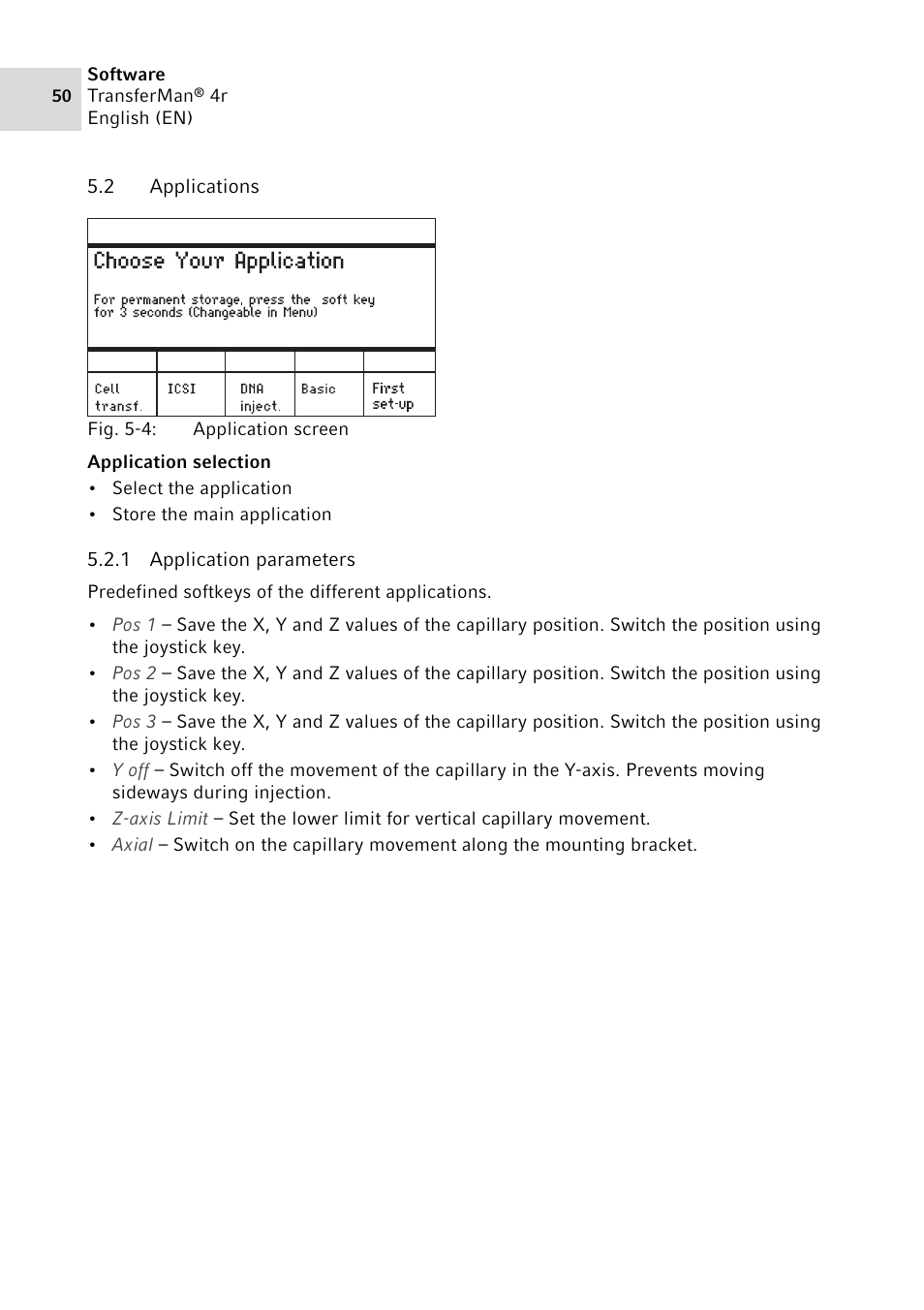 2 applications, 1 application parameters, Applications 5.2.1 | Application parameters | Eppendorf TransferMan4 r User Manual | Page 50 / 102