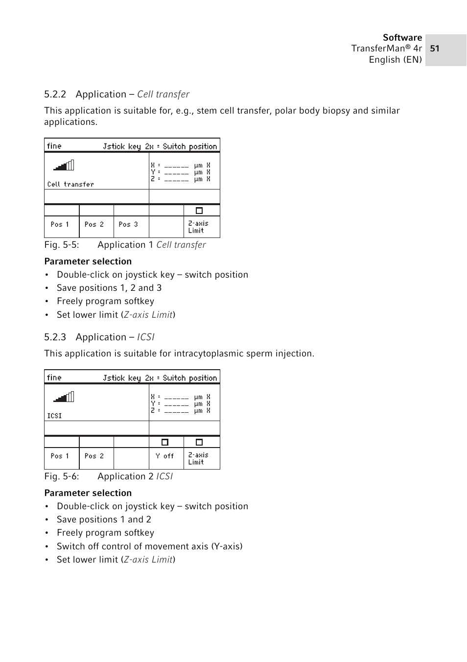 2 application – cell transfer, 3 application – icsi, Application – cell transfer | Application – icsi | Eppendorf TransferMan4 r User Manual | Page 51 / 102