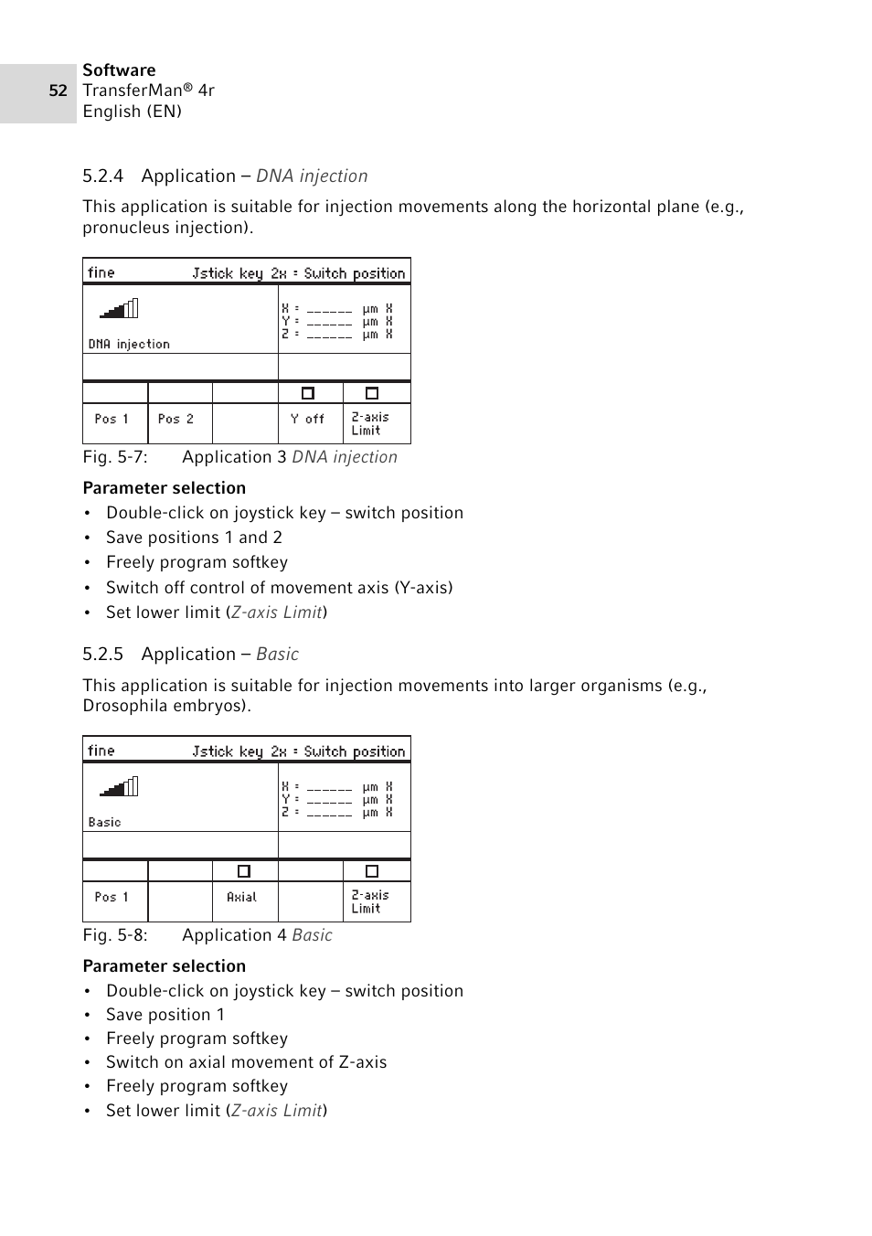 4 application – dna injection, 5 application – basic, Application – dna injection | Application – basic | Eppendorf TransferMan4 r User Manual | Page 52 / 102