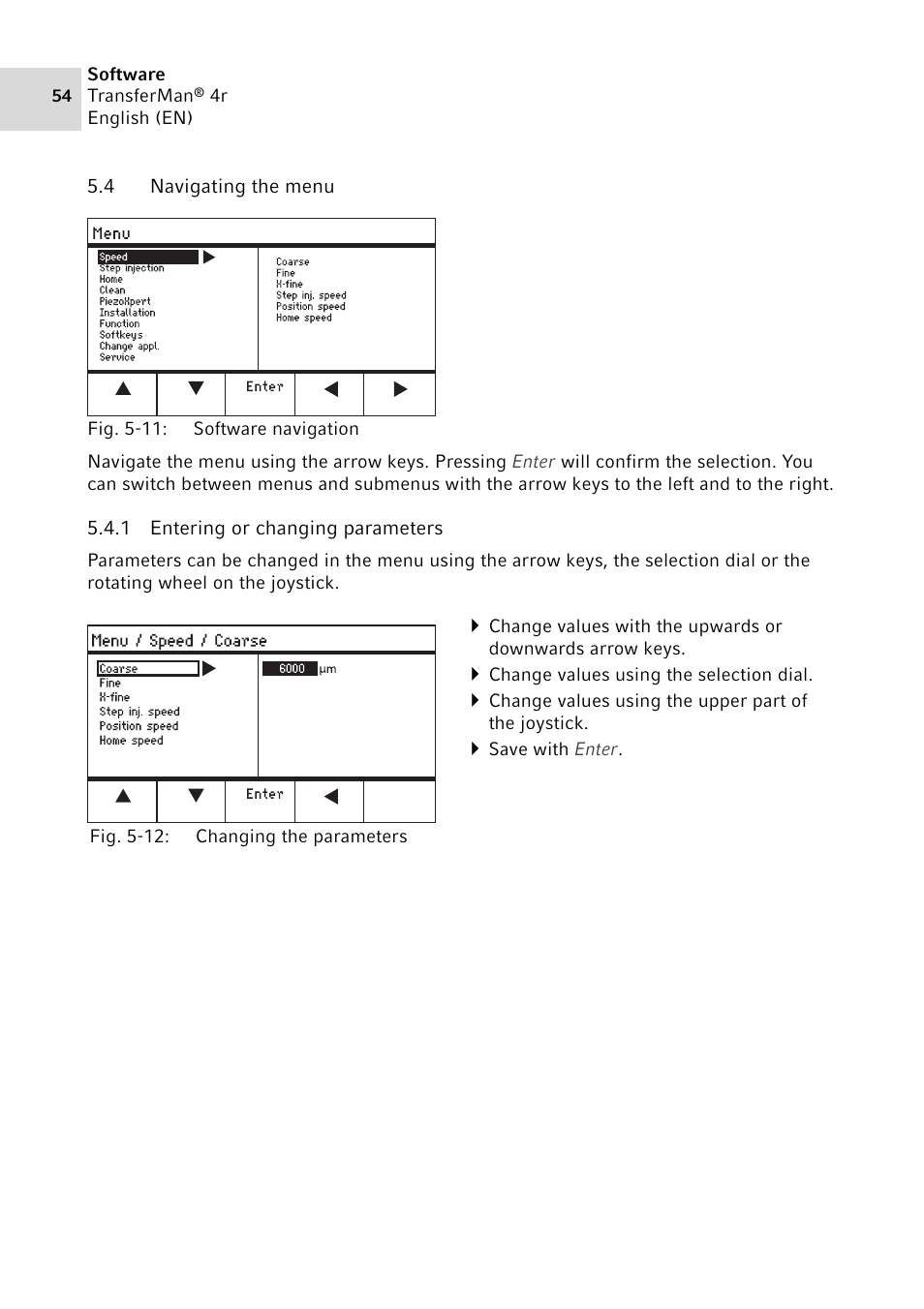 4 navigating the menu, 1 entering or changing parameters, Navigating the menu 5.4.1 | Entering or changing parameters | Eppendorf TransferMan4 r User Manual | Page 54 / 102