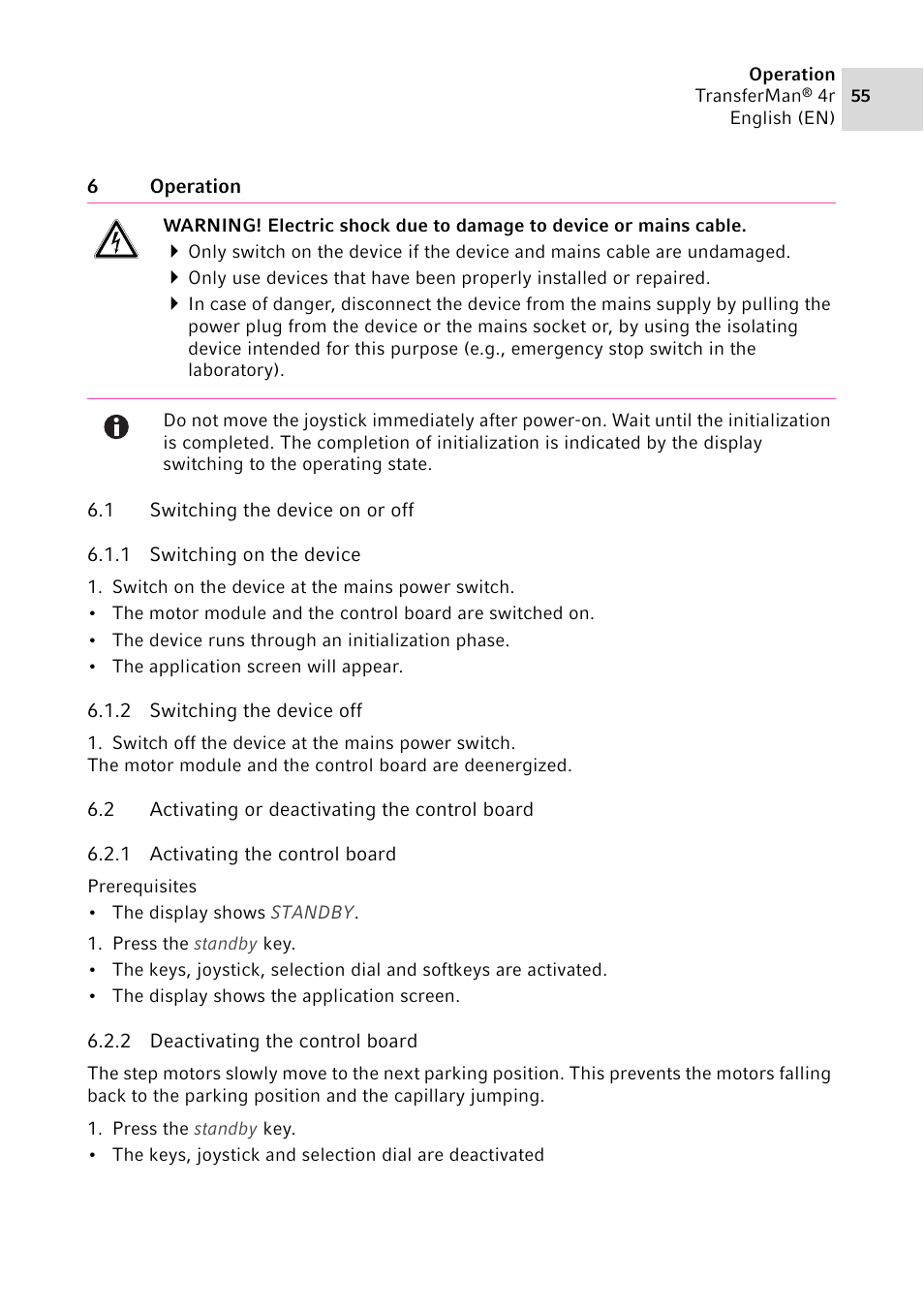 6 operation, 1 switching the device on or off, 1 switching on the device | 2 switching the device off, 2 activating or deactivating the control board, 1 activating the control board, 2 deactivating the control board, Operation 6.1, Switching the device on or off 6.1.1, Switching on the device | Eppendorf TransferMan4 r User Manual | Page 55 / 102