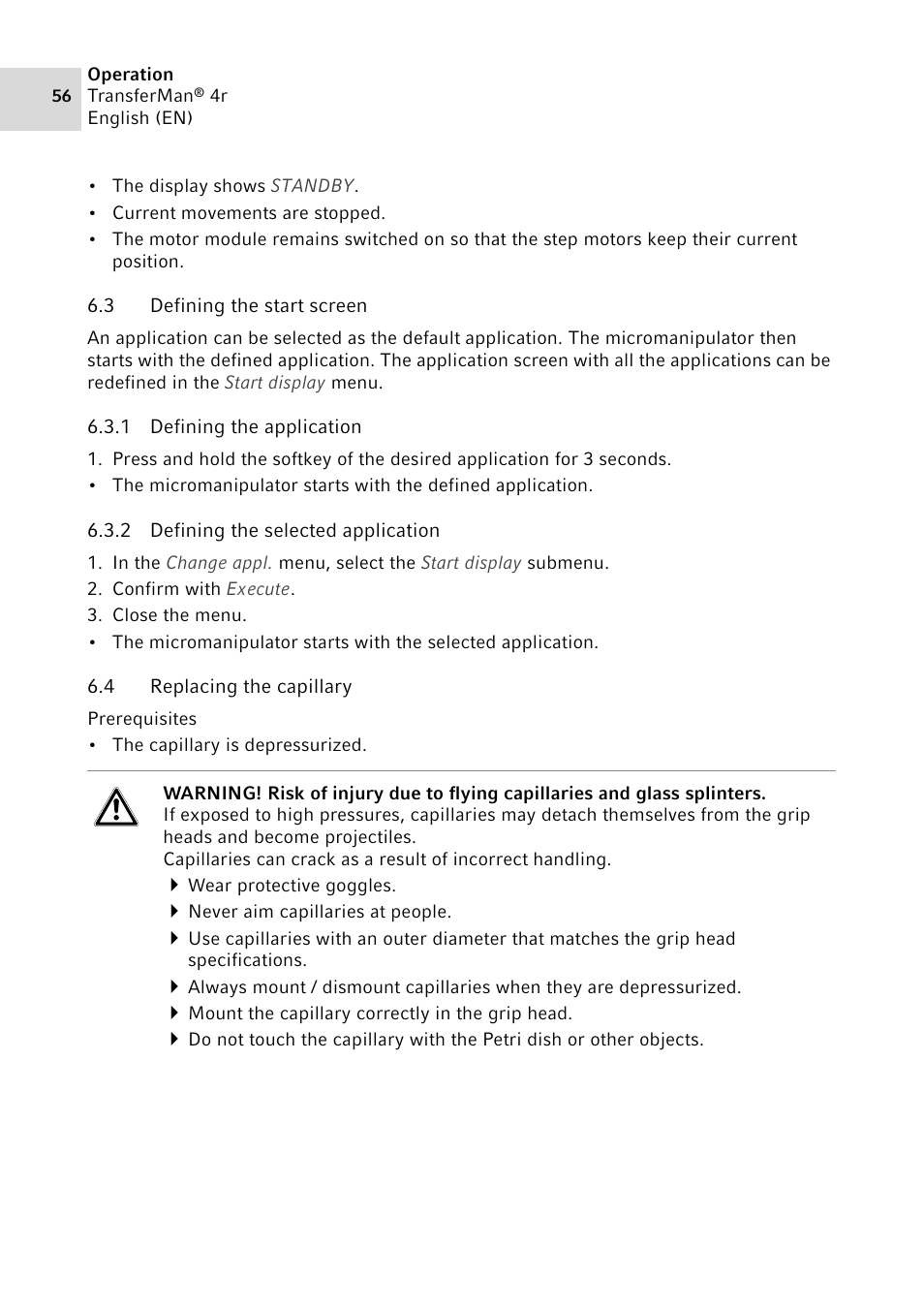 3 defining the start screen, 1 defining the application, 2 defining the selected application | 4 replacing the capillary, Defining the start screen 6.3.1, Defining the application, Defining the selected application, Replacing the capillary | Eppendorf TransferMan4 r User Manual | Page 56 / 102