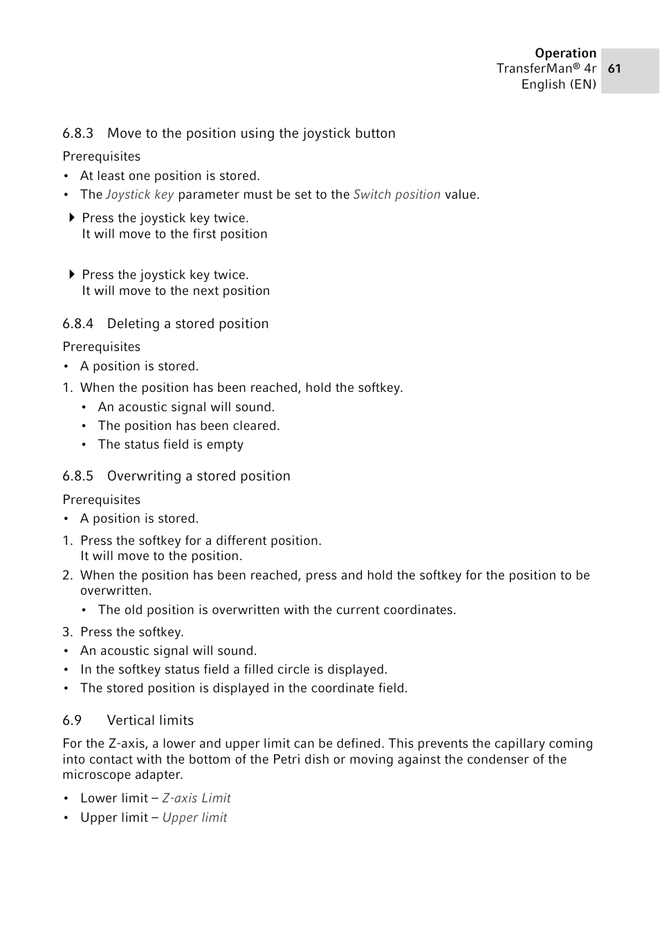 3 move to the position using the joystick button, 4 deleting a stored position, 5 overwriting a stored position | 9 vertical limits, Move to the position using the joystick button, Deleting a stored position, Overwriting a stored position, Vertical limits | Eppendorf TransferMan4 r User Manual | Page 61 / 102