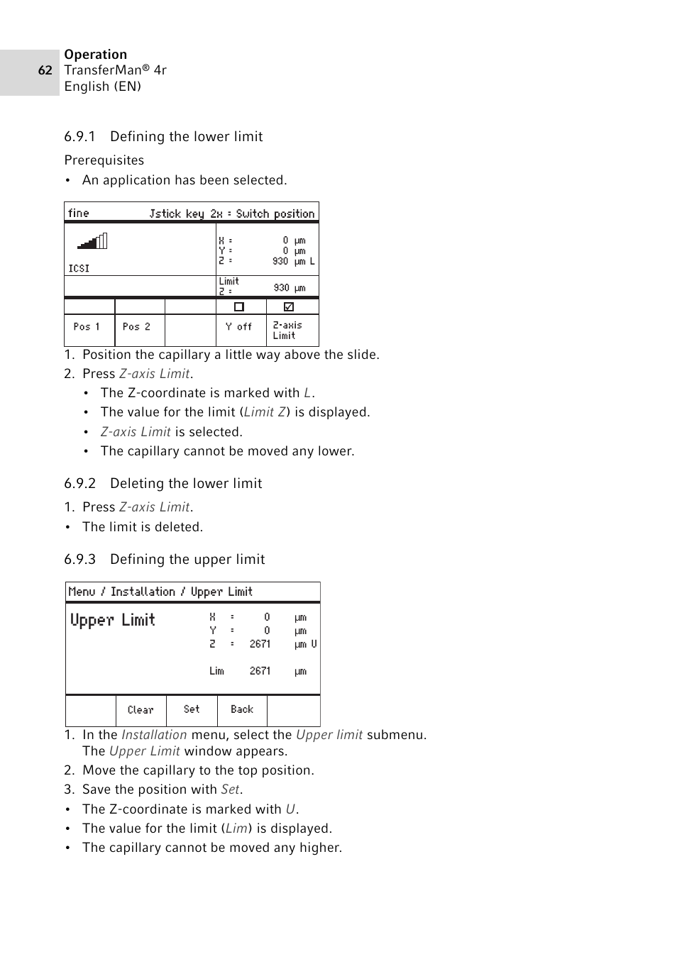 1 defining the lower limit, 2 deleting the lower limit, 3 defining the upper limit | Defining the lower limit, Deleting the lower limit, Defining the upper limit, Upper limit | Eppendorf TransferMan4 r User Manual | Page 62 / 102