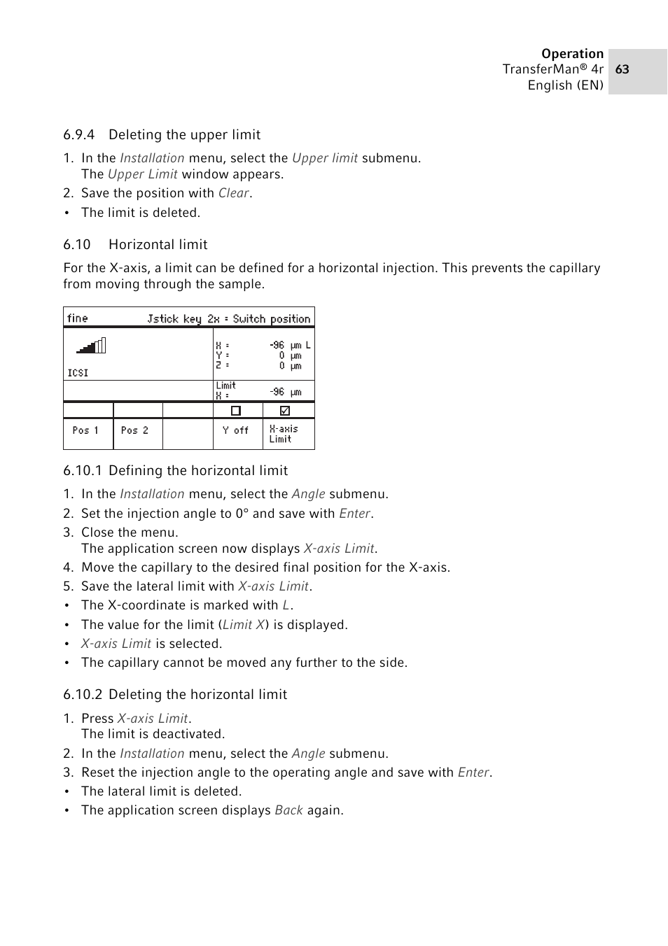 4 deleting the upper limit, 10 horizontal limit, 1 defining the horizontal limit | 2 deleting the horizontal limit, Deleting the upper limit, Horizontal limit 6.10.1, Defining the horizontal limit, Deleting the horizontal limit | Eppendorf TransferMan4 r User Manual | Page 63 / 102