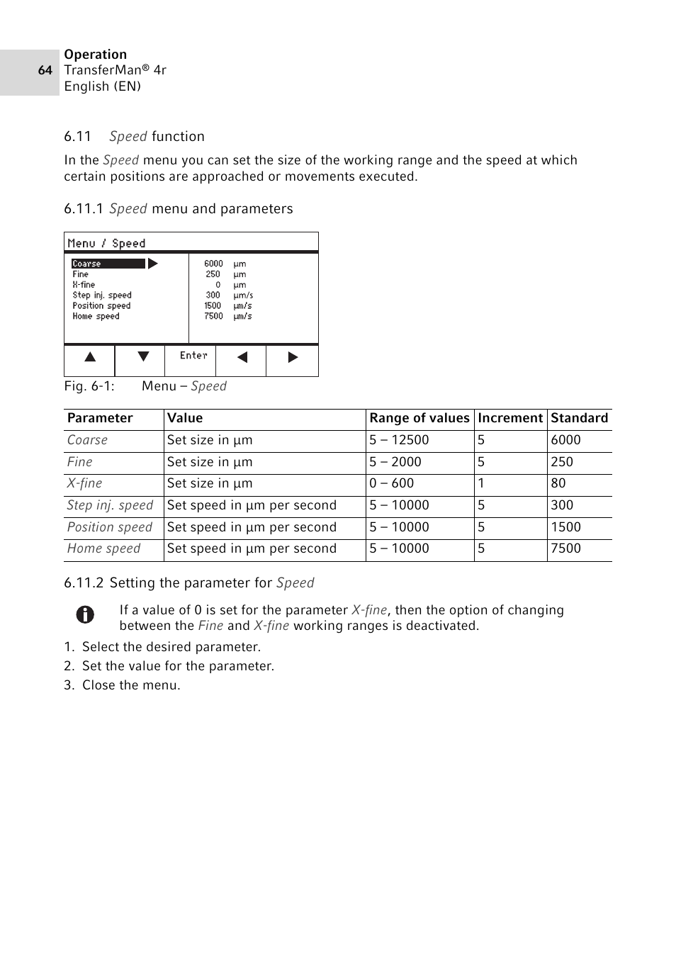 11 speed function, 1 speed menu and parameters, 2 setting the parameter for speed | Speed function 6.11.1, Speed menu and parameters, Setting the parameter for speed | Eppendorf TransferMan4 r User Manual | Page 64 / 102