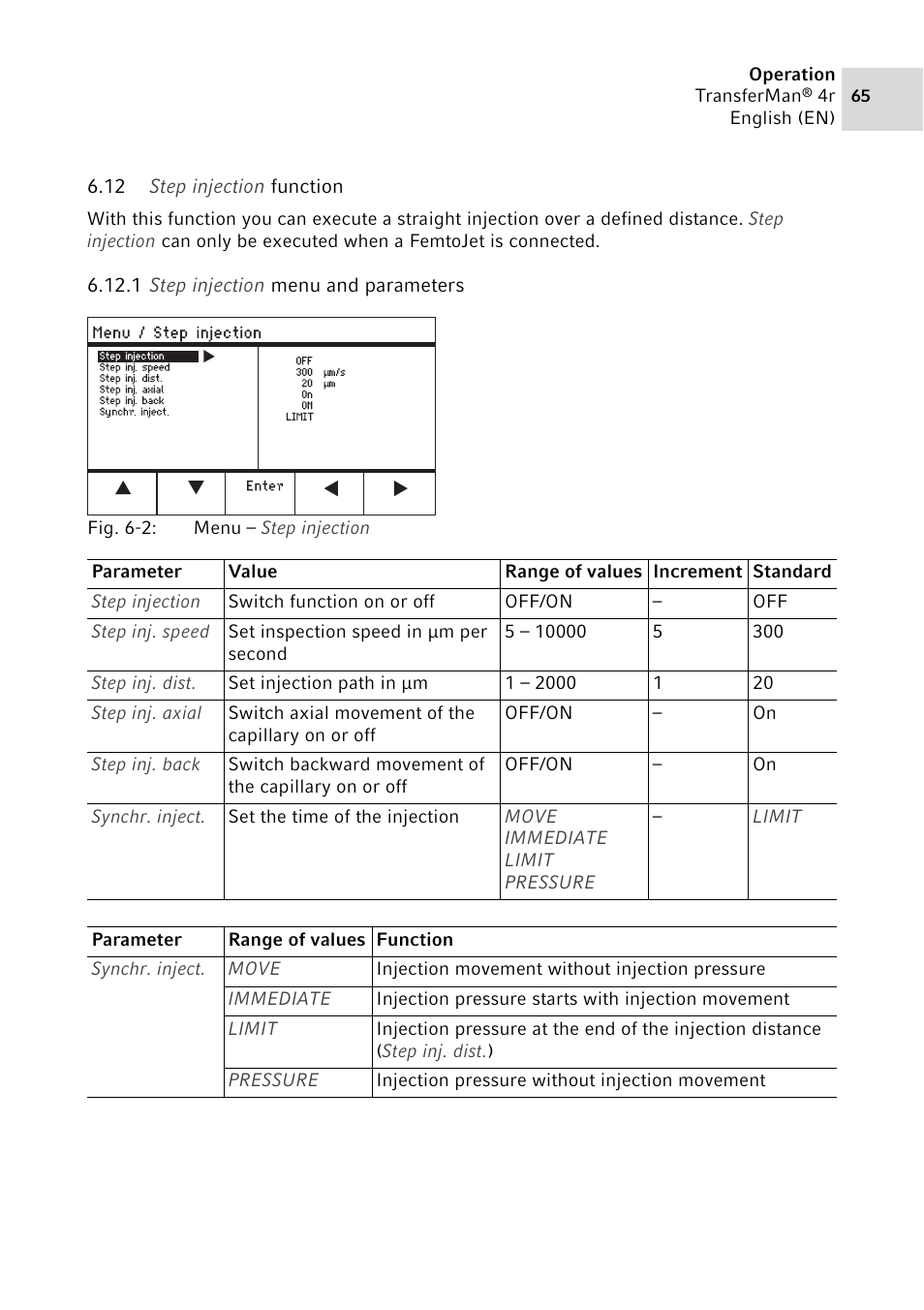 12 step injection function, 1 step injection menu and parameters, Step injection function 6.12.1 | Step injection menu and parameters | Eppendorf TransferMan4 r User Manual | Page 65 / 102