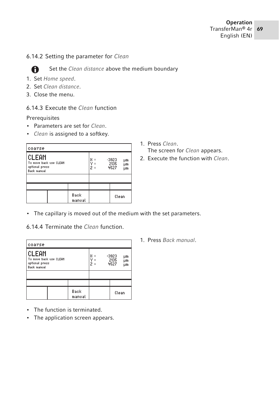 2 setting the parameter for clean, 3 execute the clean function, 4 terminate the clean function | Setting the parameter for clean, Execute the clean function, Terminate the clean function | Eppendorf TransferMan4 r User Manual | Page 69 / 102