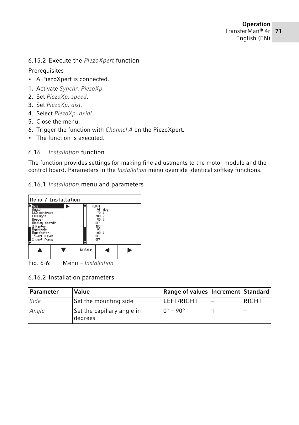 2 execute the piezoxpert function, 16 installation function, 1 installation menu and parameters | 2 installation parameters, Execute the piezoxpert function, Installation function 6.16.1, Installation menu and parameters, Installation parameters | Eppendorf TransferMan4 r User Manual | Page 71 / 102