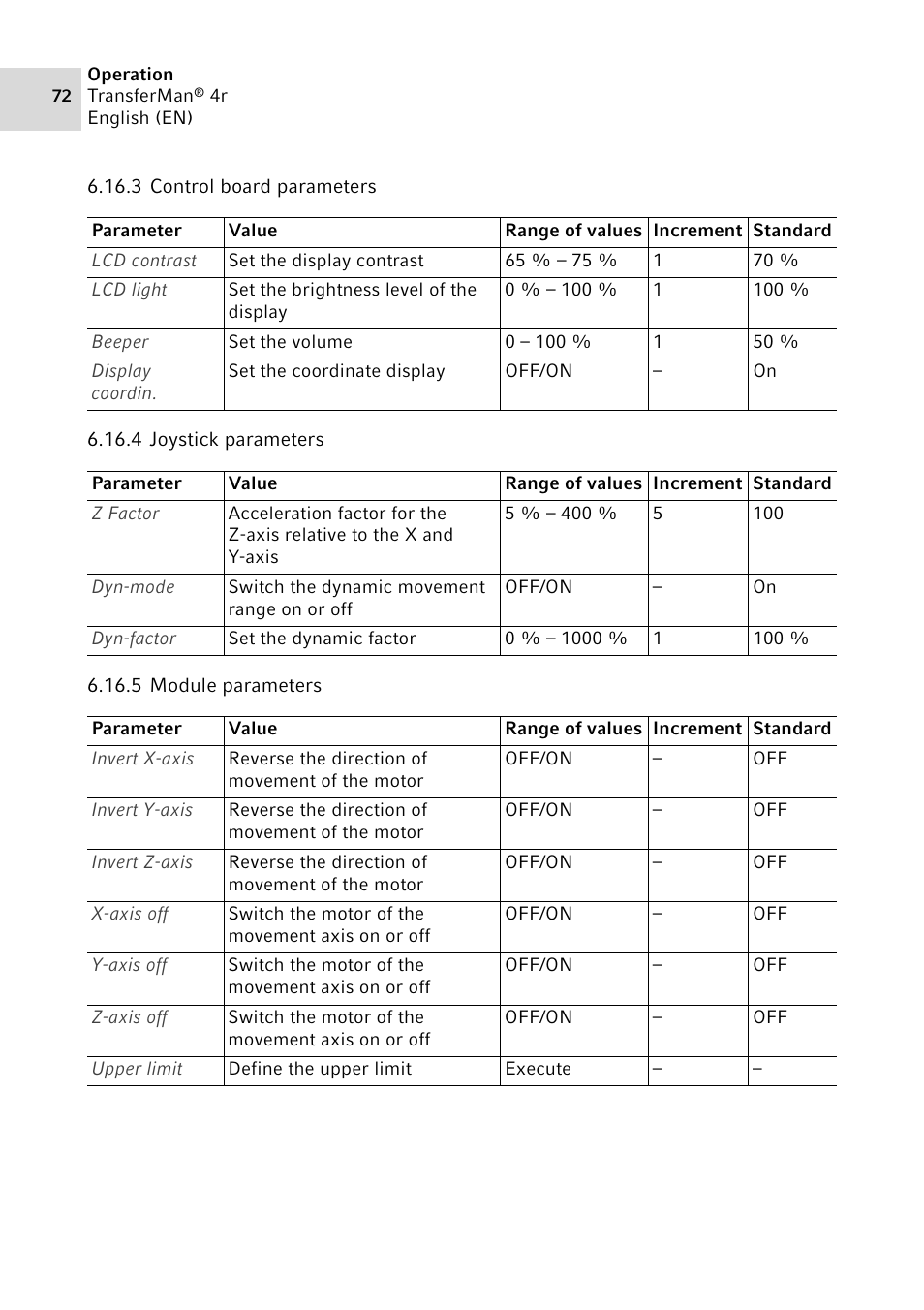 3 control board parameters, 4 joystick parameters, 5 module parameters | Control board parameters, Joystick parameters, Module parameters | Eppendorf TransferMan4 r User Manual | Page 72 / 102