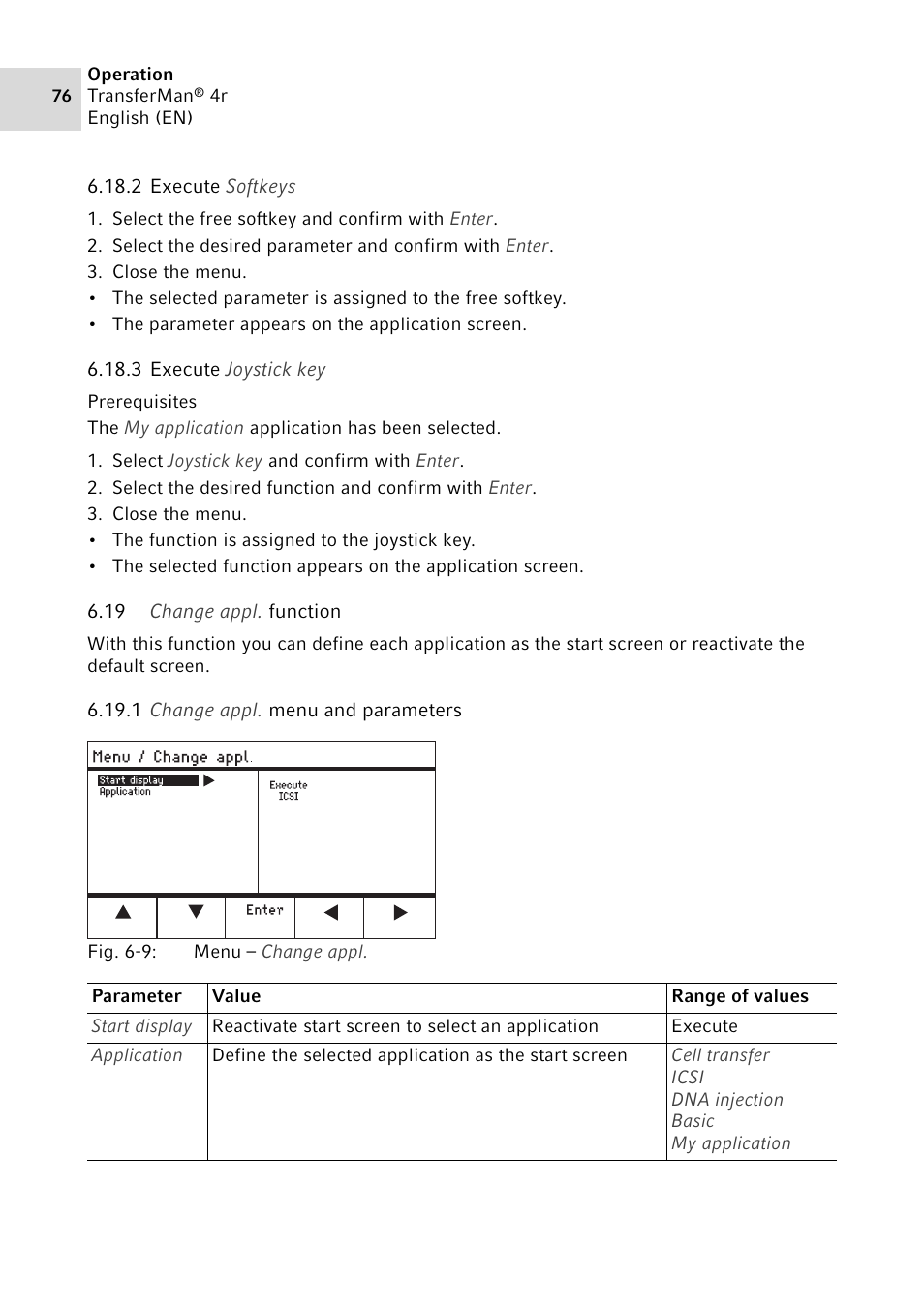 2 execute softkeys, 3 execute joystick key, 19 change appl. function | 1 change appl. menu and parameters, Execute softkeys, Execute joystick key, Change appl. function 6.19.1, Change appl. menu and parameters | Eppendorf TransferMan4 r User Manual | Page 76 / 102