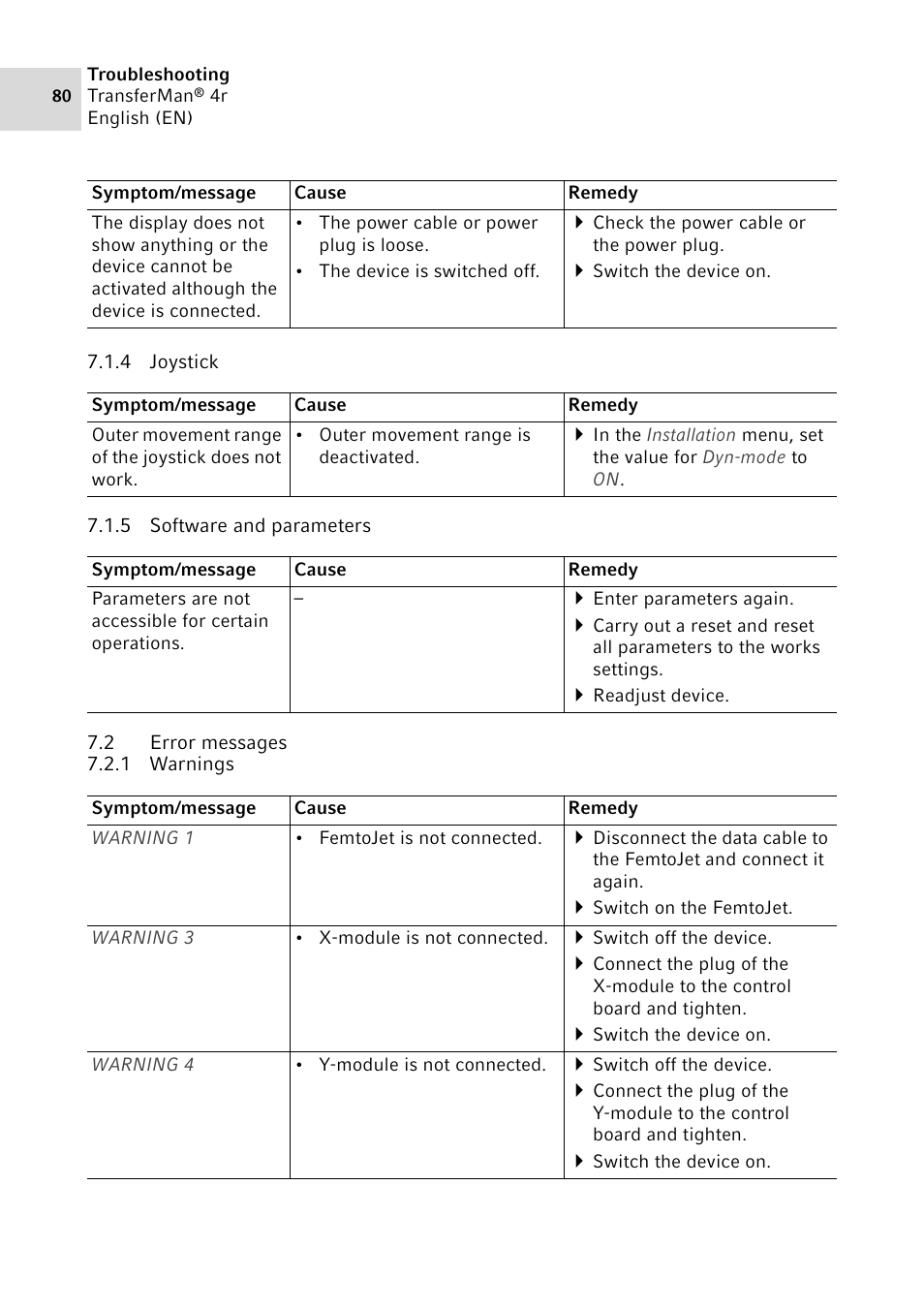 4 joystick, 5 software and parameters, 2 error messages | 1 warnings, Joystick, Software and parameters, Error messages 7.2.1, Warnings | Eppendorf TransferMan4 r User Manual | Page 80 / 102