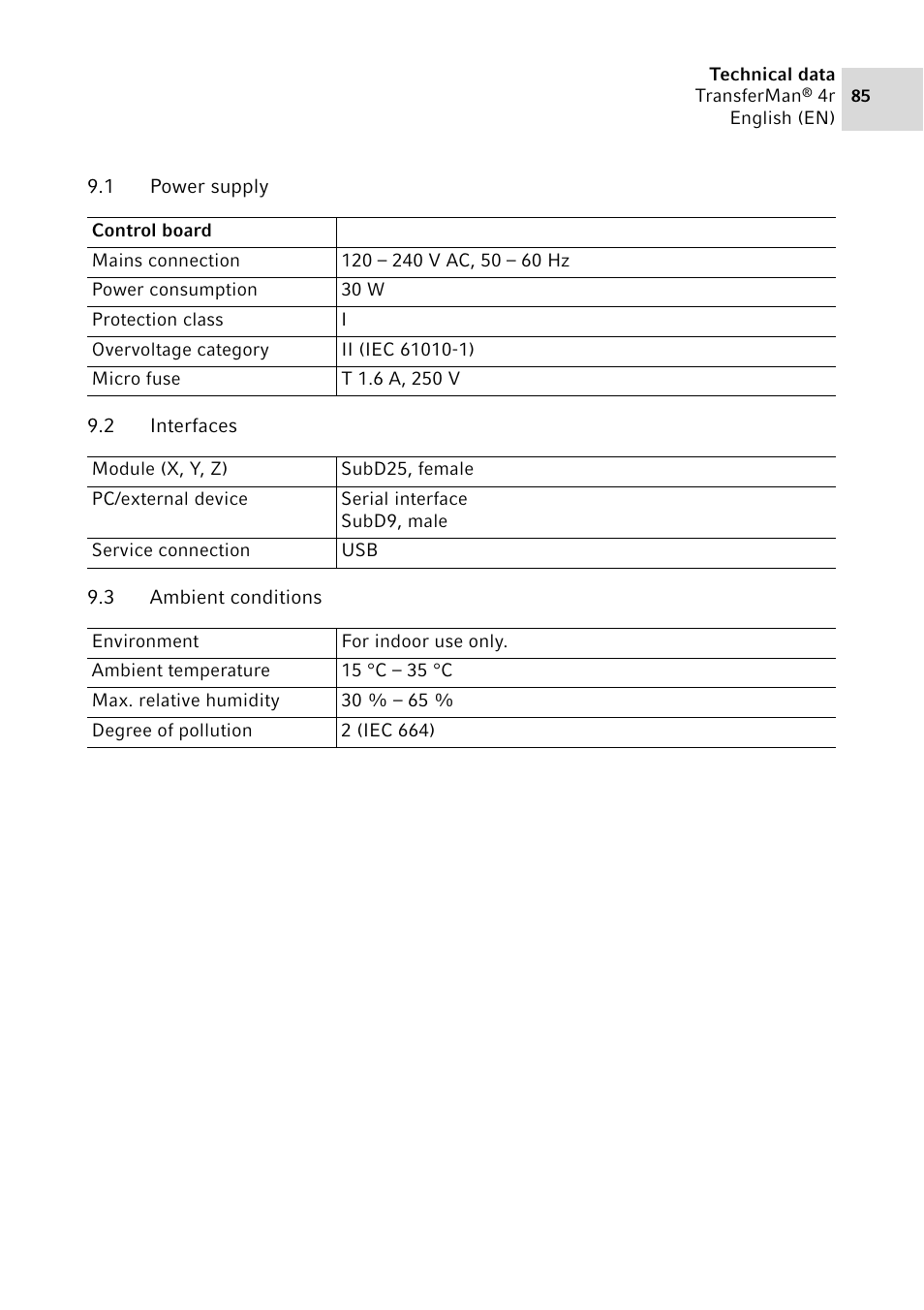 1 power supply, 2 interfaces, 3 ambient conditions | Power supply, Interfaces, Ambient conditions | Eppendorf TransferMan4 r User Manual | Page 85 / 102