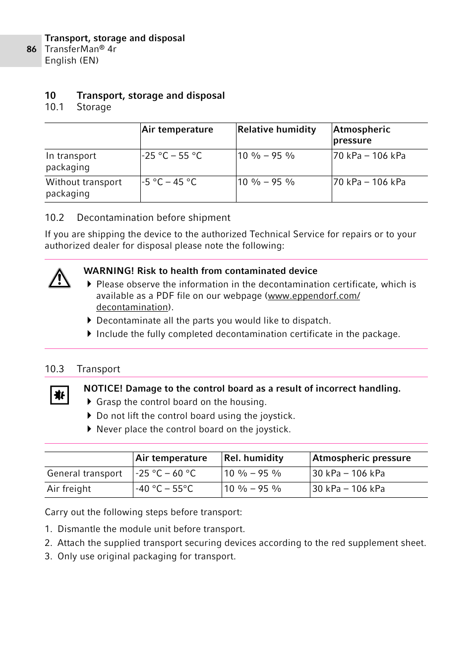 10 transport, storage and disposal, 1 storage, 2 decontamination before shipment | 3 transport, Storage, Decontamination before shipment, Transport | Eppendorf TransferMan4 r User Manual | Page 86 / 102