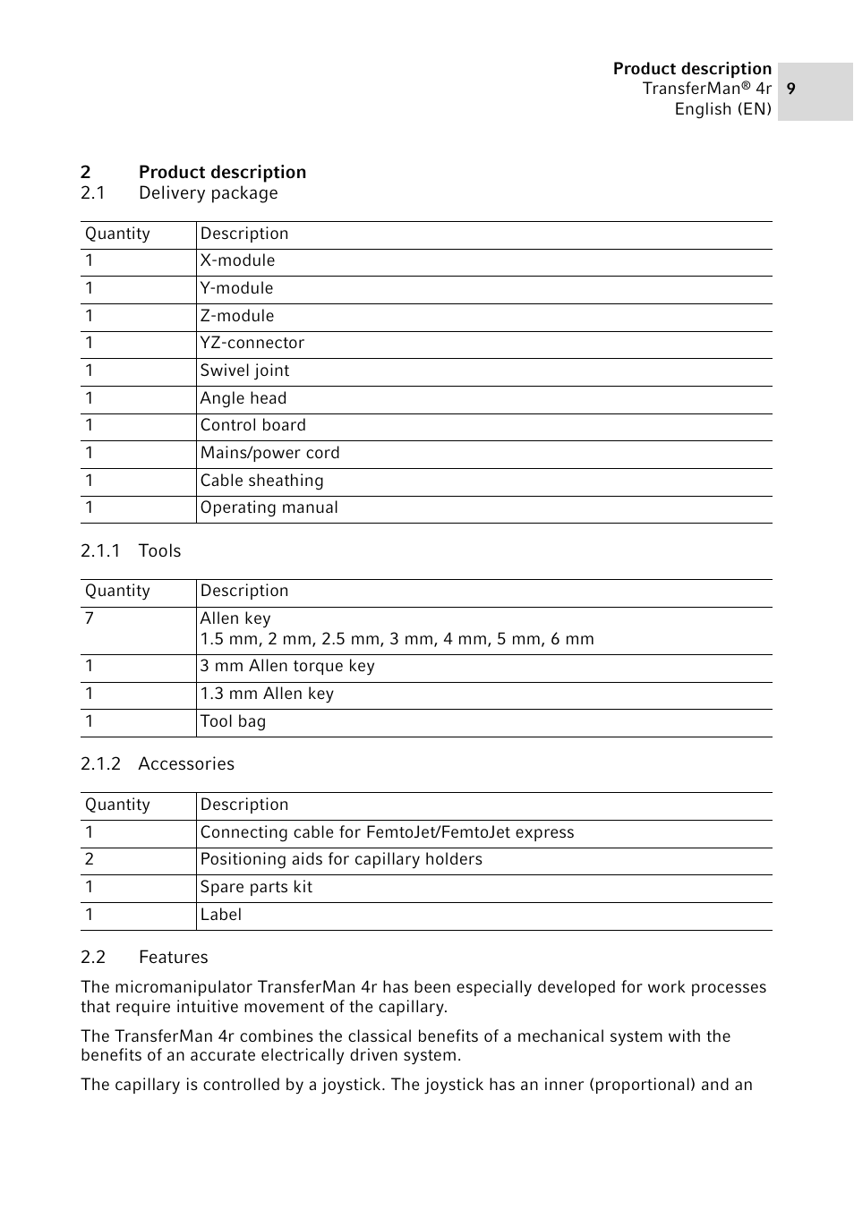 2 product description, 1 delivery package, 1 tools | 2 accessories, 2 features, Product description 2.1, Delivery package 2.1.1, Tools, Accessories, Features | Eppendorf TransferMan4 r User Manual | Page 9 / 102