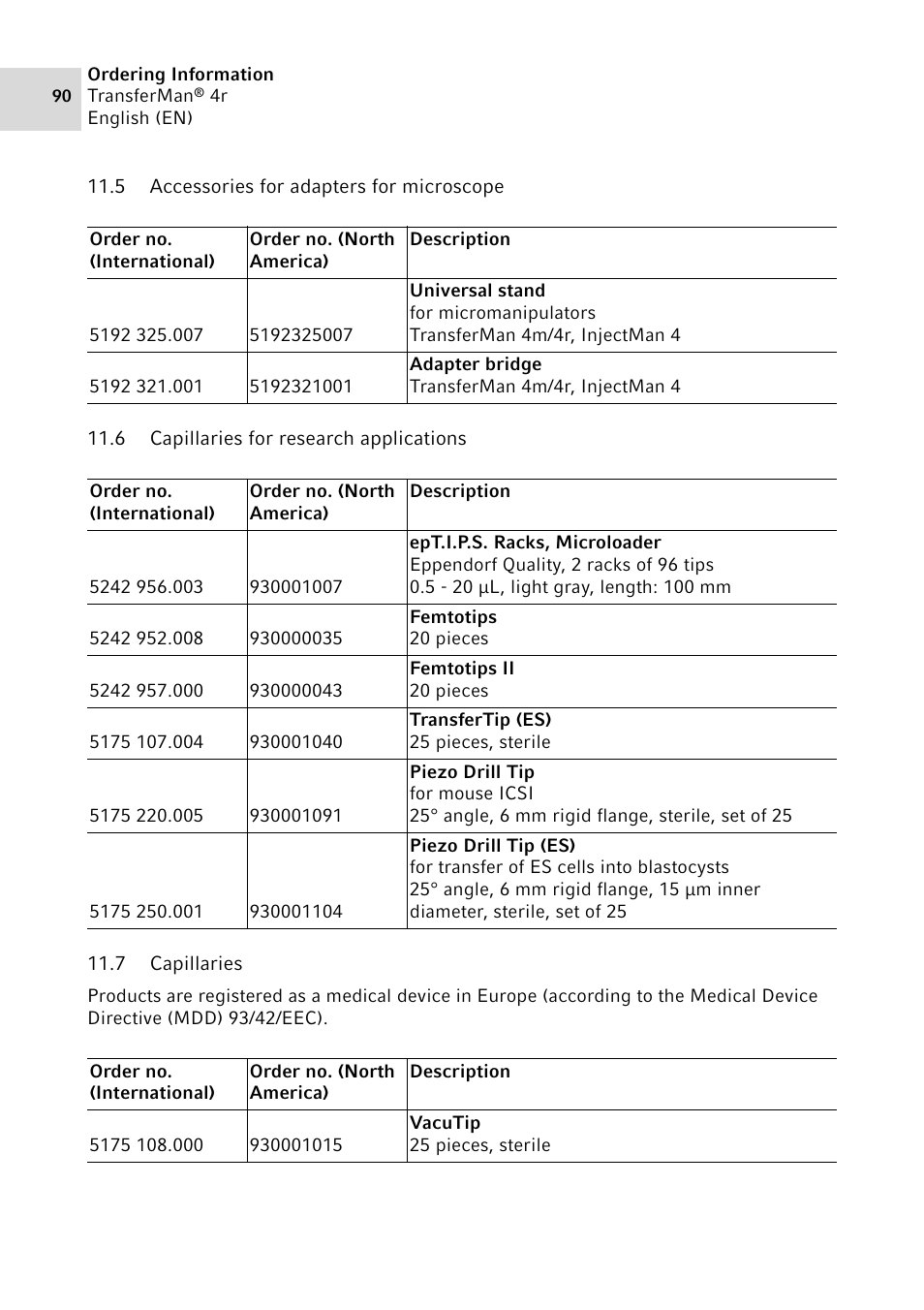 5 accessories for adapters for microscope, 6 capillaries for research applications, 7 capillaries | Accessories for adapters for microscope, Capillaries for research applications, Capillaries | Eppendorf TransferMan4 r User Manual | Page 90 / 102