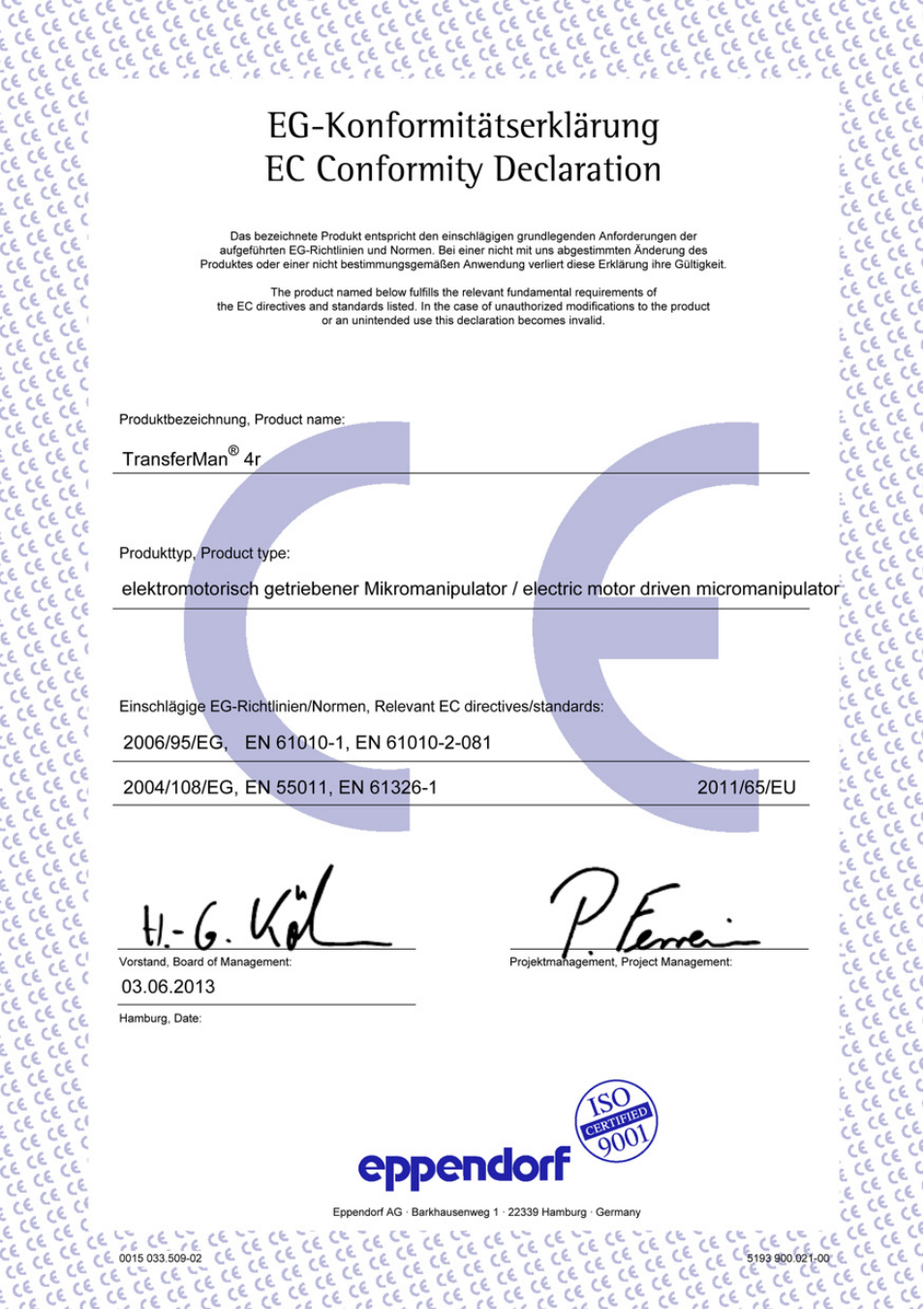 Ec conformitiy declaration | Eppendorf TransferMan4 r User Manual | Page 98 / 102