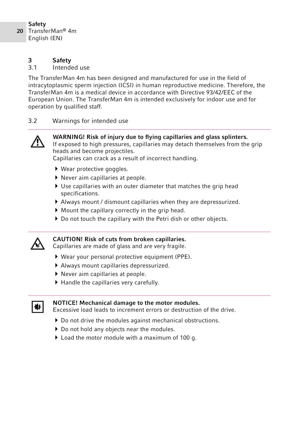 3 safety, 1 intended use, 2 warnings for intended use | Safety 3.1, Intended use, Warnings for intended use | Eppendorf TransferMan4 m User Manual | Page 20 / 96