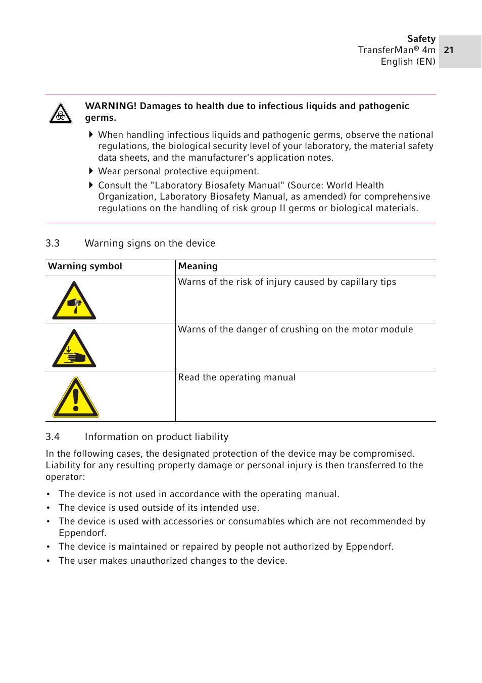 3 warning signs on the device, 4 information on product liability, Warning signs on the device | Information on product liability | Eppendorf TransferMan4 m User Manual | Page 21 / 96