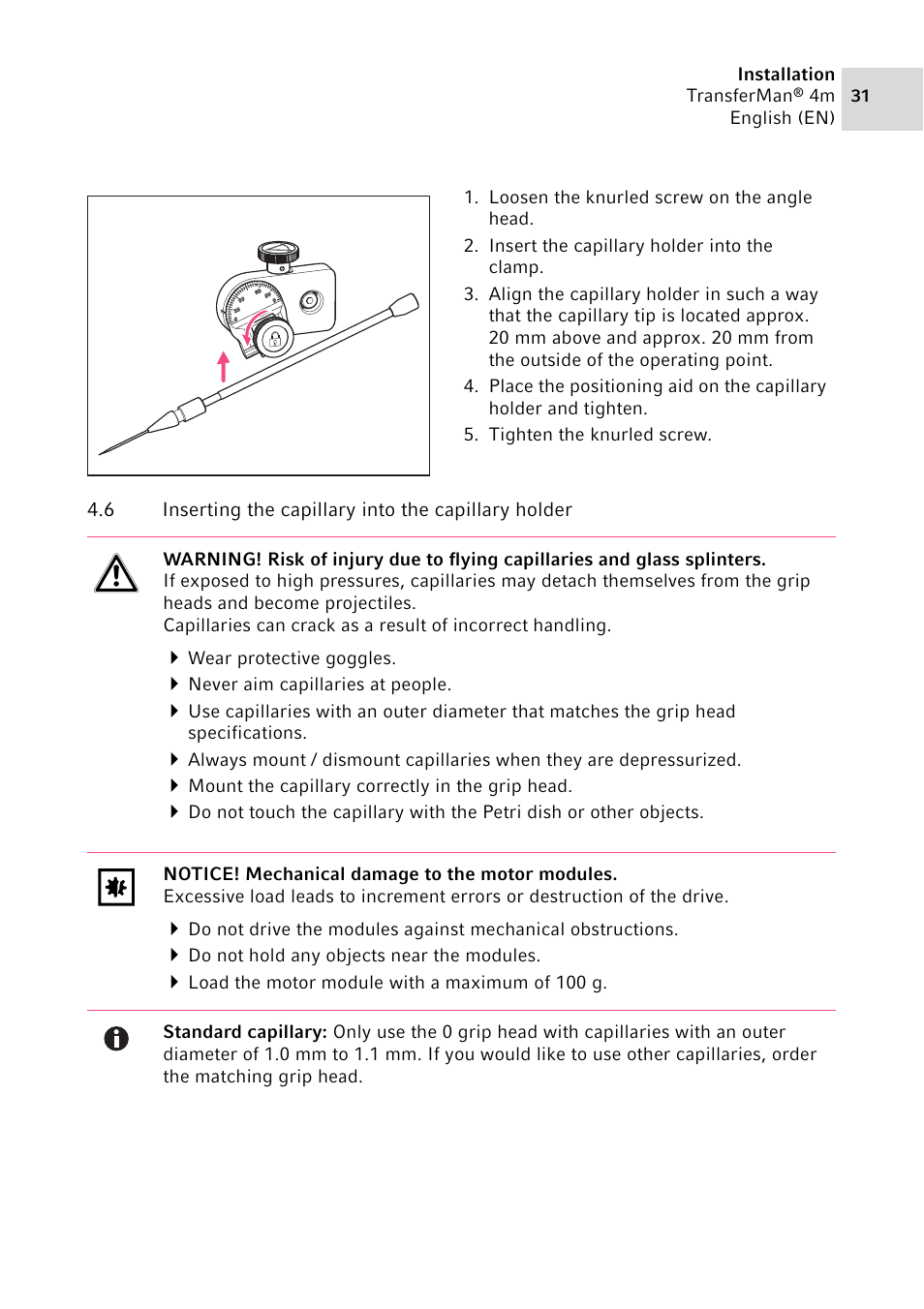 Inserting the capillary into the capillary holder | Eppendorf TransferMan4 m User Manual | Page 31 / 96