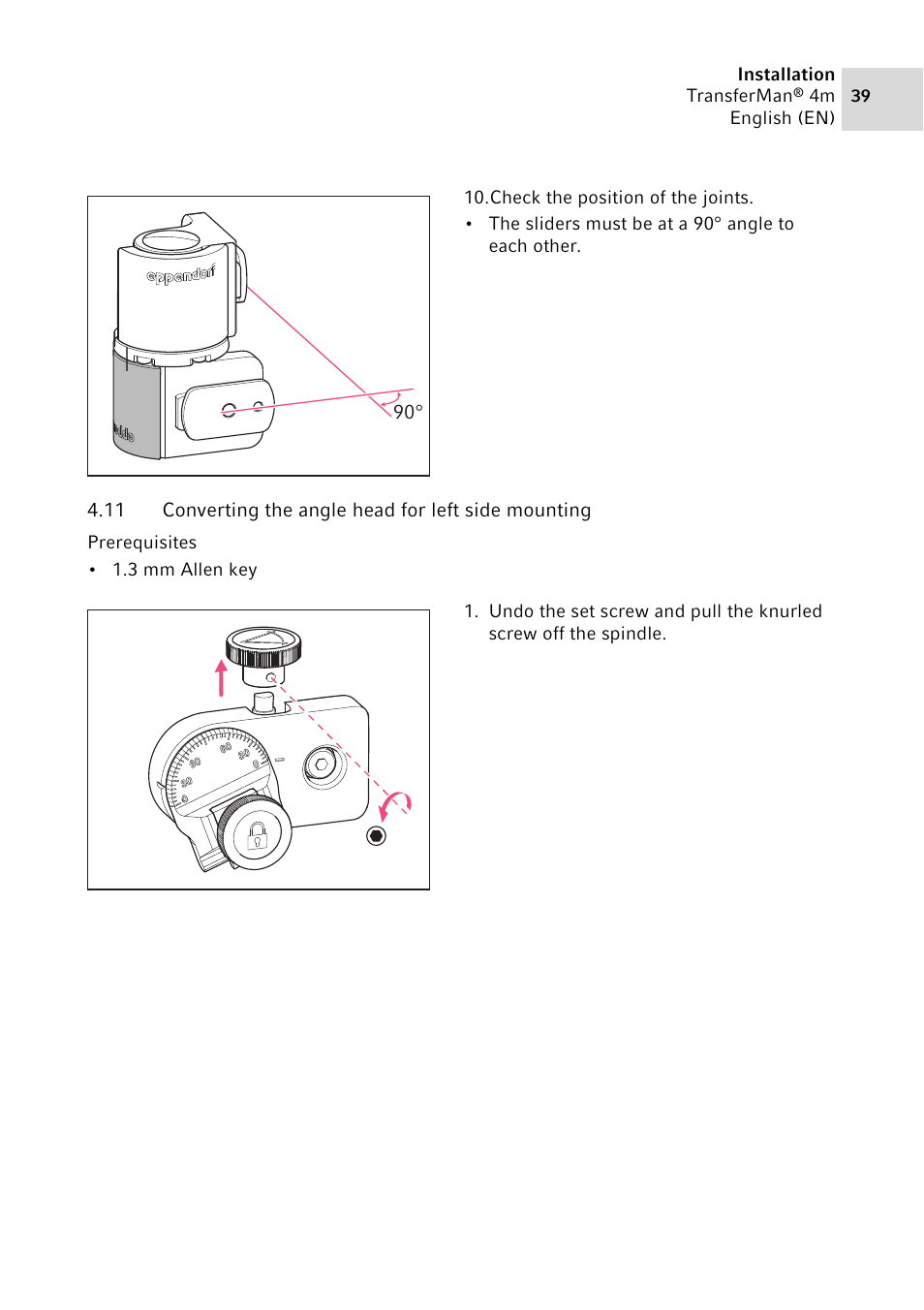 Converting the angle head for left side mounting | Eppendorf TransferMan4 m User Manual | Page 39 / 96