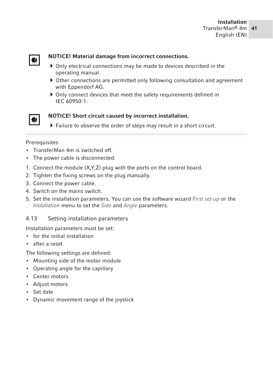 13 setting installation parameters, Setting installation parameters | Eppendorf TransferMan4 m User Manual | Page 41 / 96