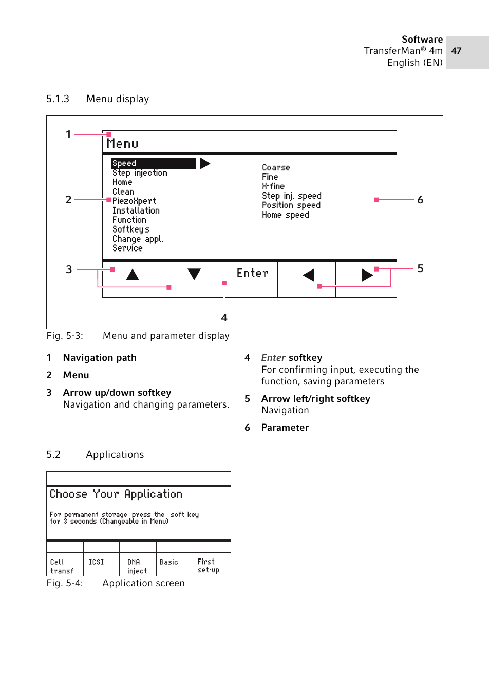 3 menu display, 2 applications, Menu display | Applications | Eppendorf TransferMan4 m User Manual | Page 47 / 96