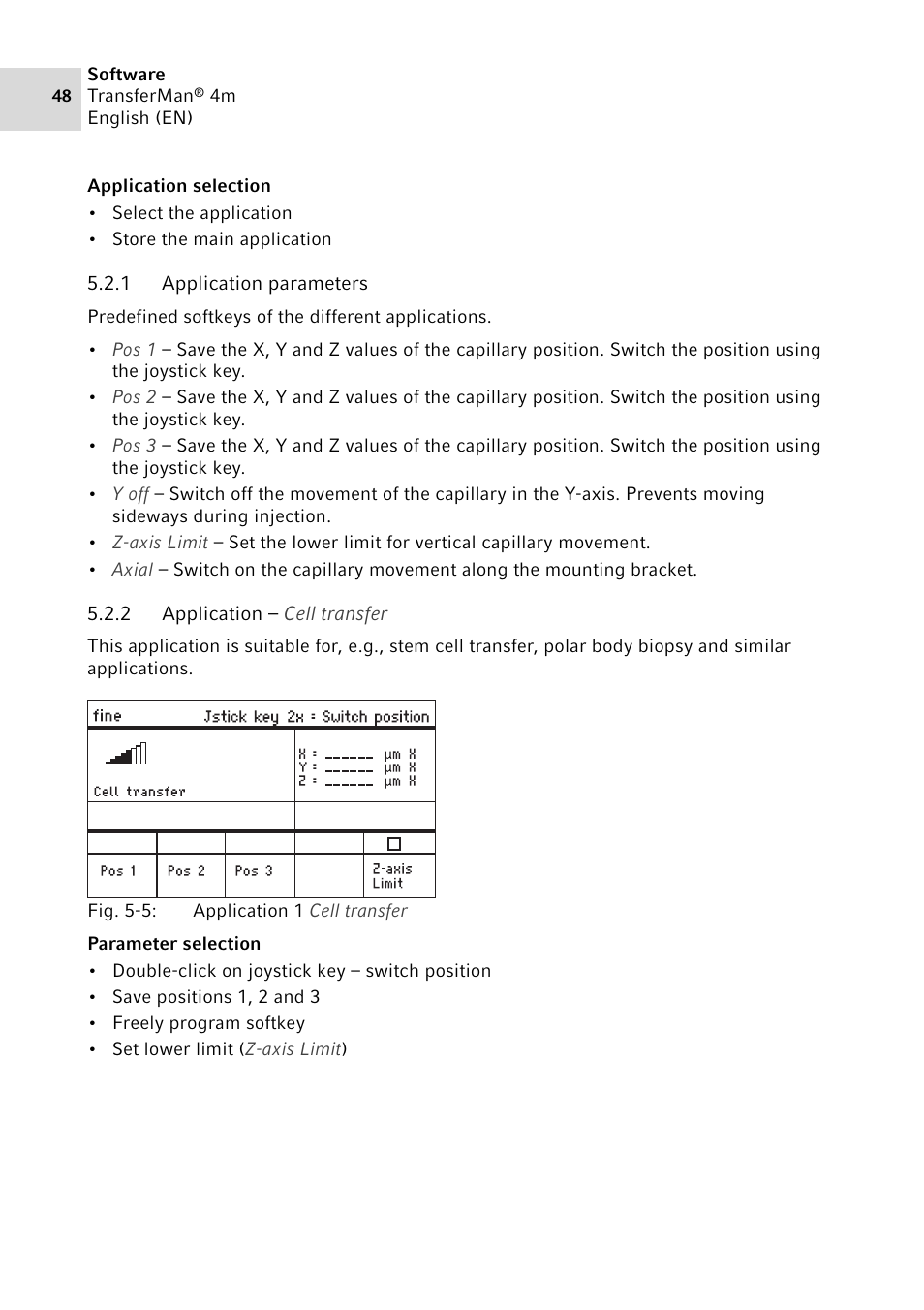 1 application parameters, 2 application – cell transfer, Application parameters | Application – cell transfer | Eppendorf TransferMan4 m User Manual | Page 48 / 96