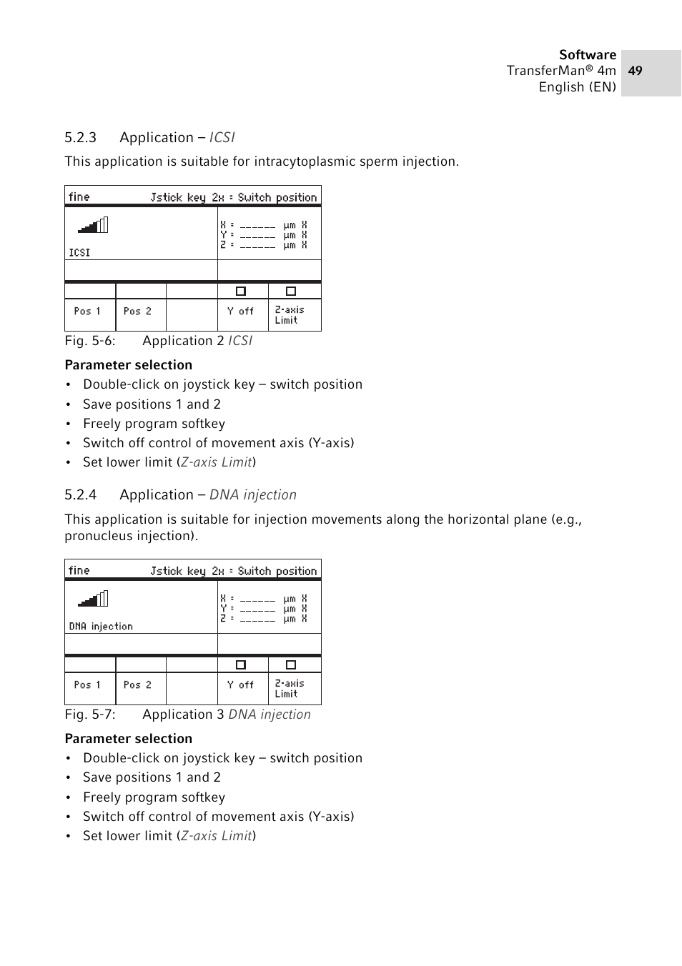 3 application – icsi, 4 application – dna injection, Application – icsi | Application – dna injection | Eppendorf TransferMan4 m User Manual | Page 49 / 96