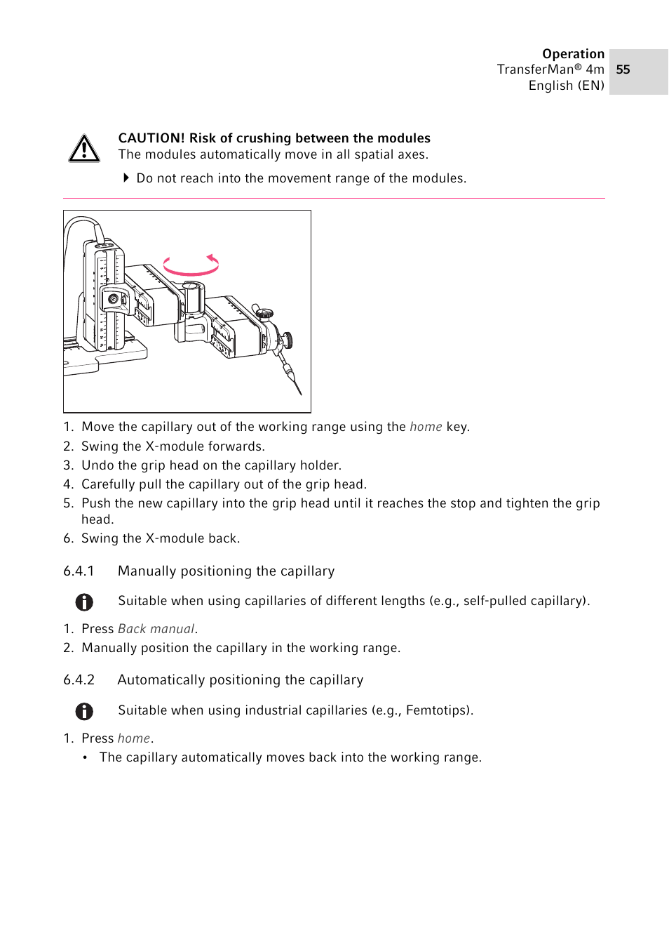 1 manually positioning the capillary, 2 automatically positioning the capillary, Manually positioning the capillary | Automatically positioning the capillary | Eppendorf TransferMan4 m User Manual | Page 55 / 96