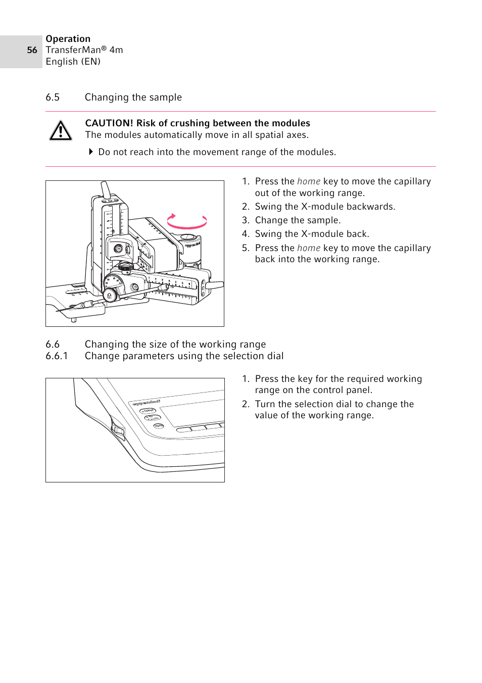 5 changing the sample, 6 changing the size of the working range, 1 change parameters using the selection dial | Changing the sample, Changing the size of the working range 6.6.1, Change parameters using the selection dial | Eppendorf TransferMan4 m User Manual | Page 56 / 96