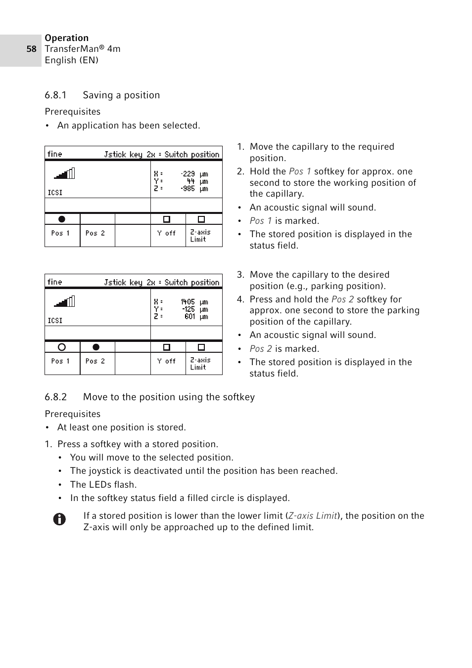 1 saving a position, 2 move to the position using the softkey, Saving a position | Move to the position using the softkey | Eppendorf TransferMan4 m User Manual | Page 58 / 96