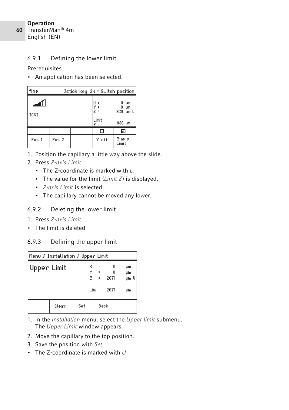 1 defining the lower limit, 2 deleting the lower limit, 3 defining the upper limit | Defining the lower limit, Deleting the lower limit, Defining the upper limit, Upper limit | Eppendorf TransferMan4 m User Manual | Page 60 / 96