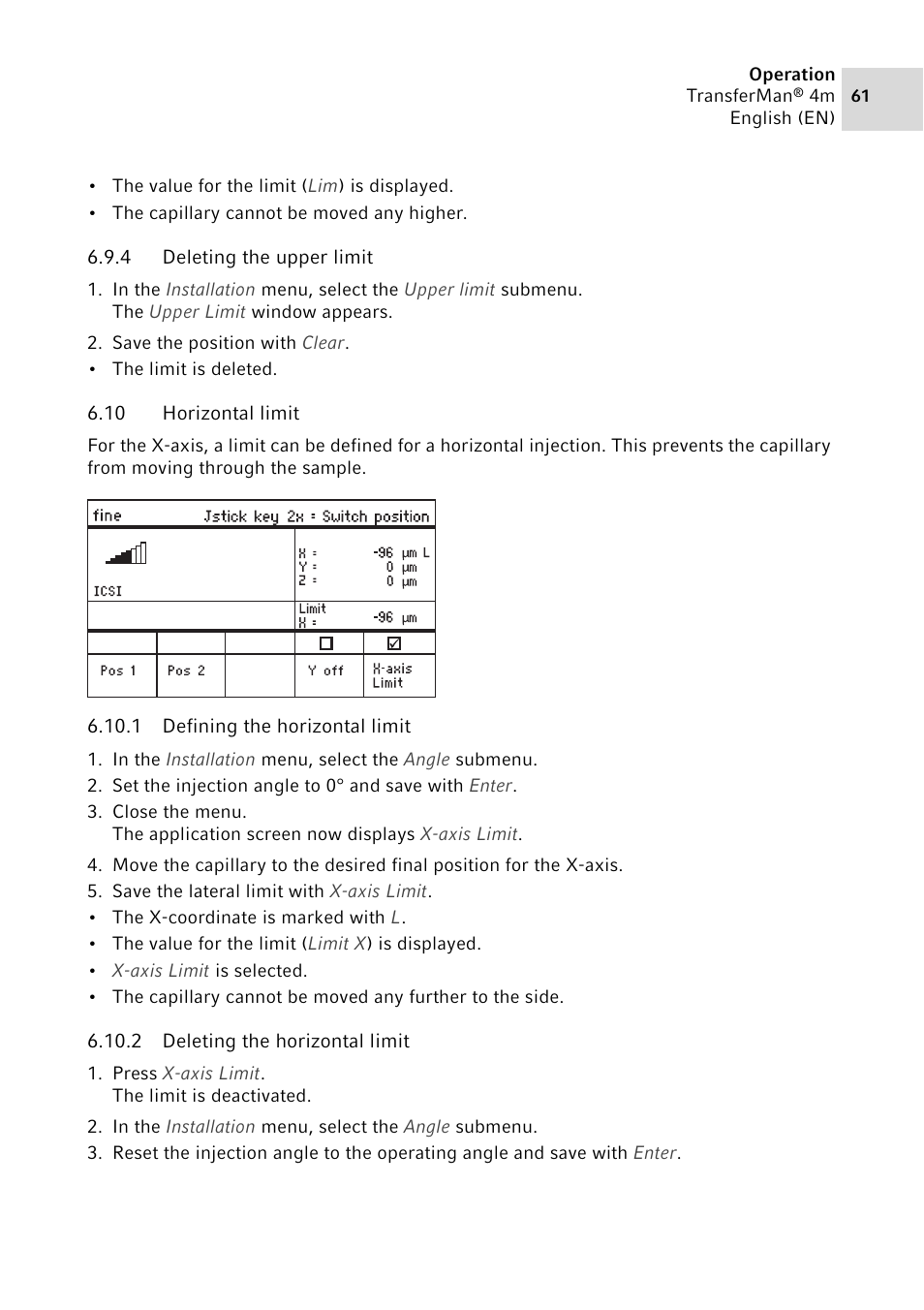 4 deleting the upper limit, 10 horizontal limit, 1 defining the horizontal limit | 2 deleting the horizontal limit, Deleting the upper limit, Horizontal limit 6.10.1, Defining the horizontal limit, Deleting the horizontal limit | Eppendorf TransferMan4 m User Manual | Page 61 / 96