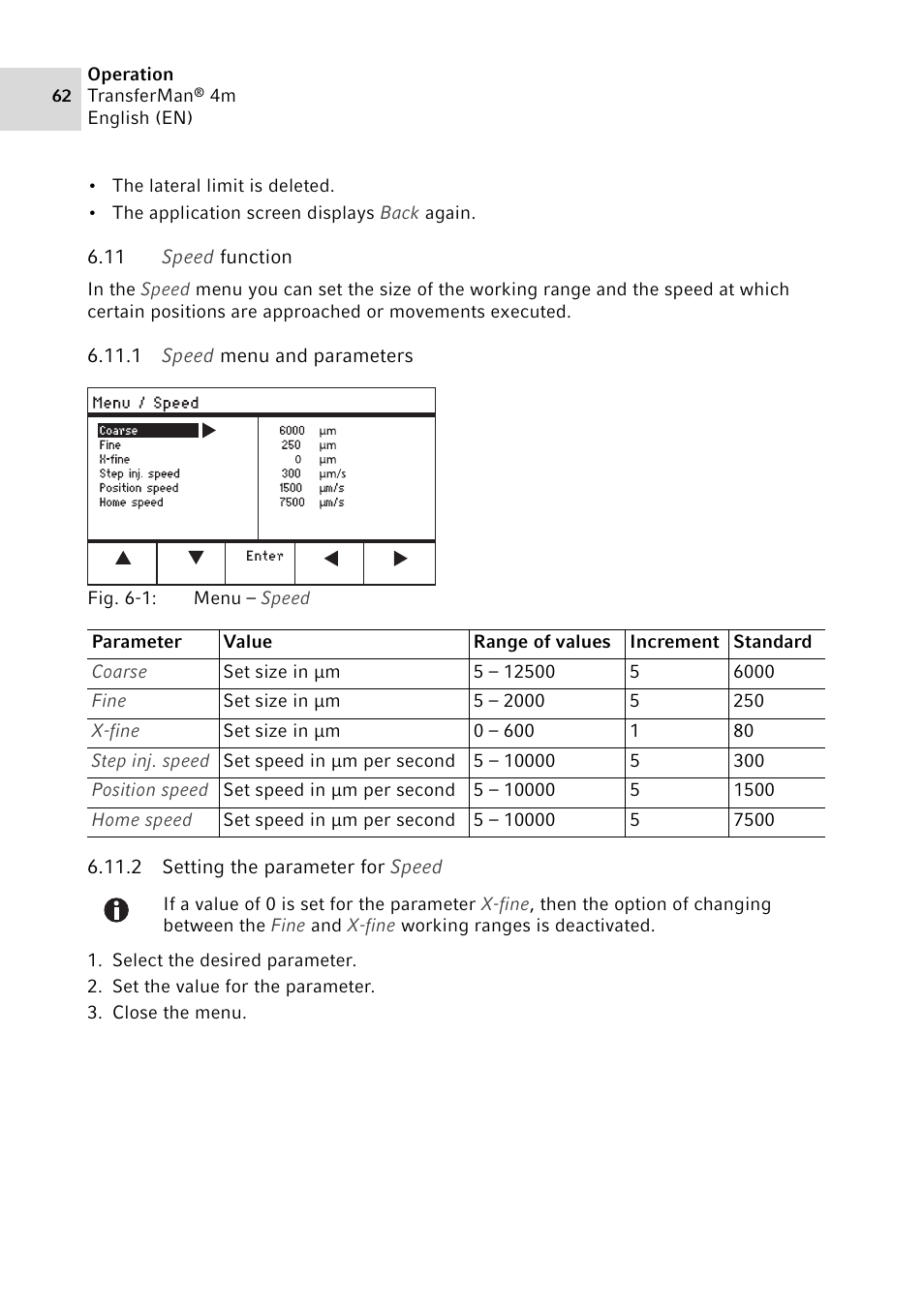 11 speed function, 1 speed menu and parameters, 2 setting the parameter for speed | Speed function 6.11.1, Speed menu and parameters, Setting the parameter for speed | Eppendorf TransferMan4 m User Manual | Page 62 / 96